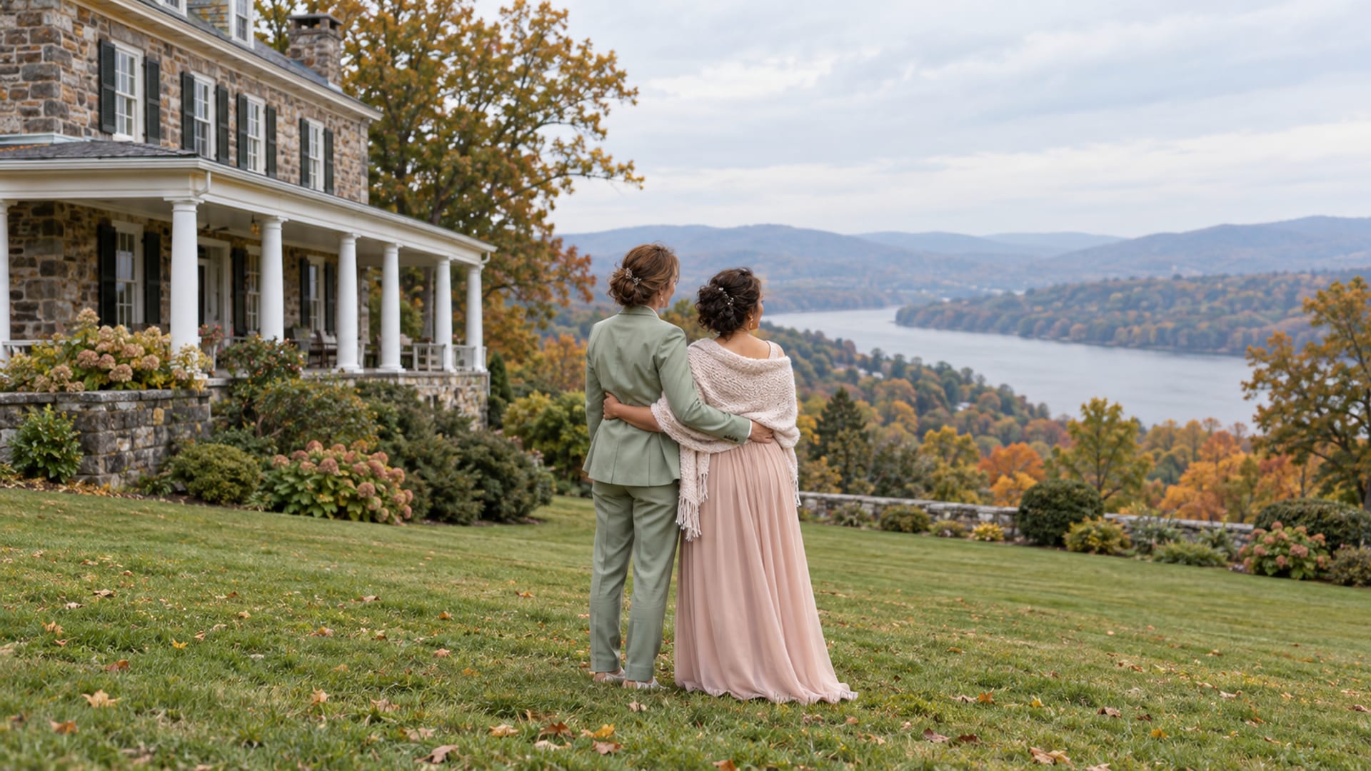 Two women in their thirties, one with pale skin and one with golden brown skin, in a sage green suit and a blush dress on the lawn of a nineteenth century stone manor house, a river valley in early autumn colour below