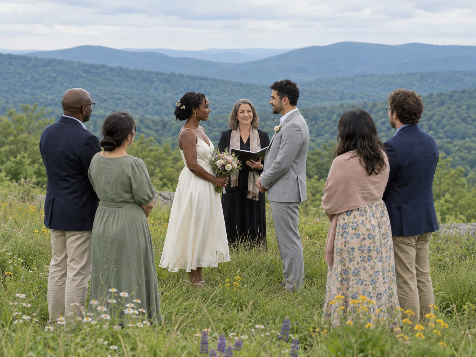 A woman in an ivory midi dress and a man in a light grey suit, in their thirties, one with deep brown skin and one with light olive skin, facing an officiant on a grassy mountain meadow with four guests close by and blue wooded ridges behind