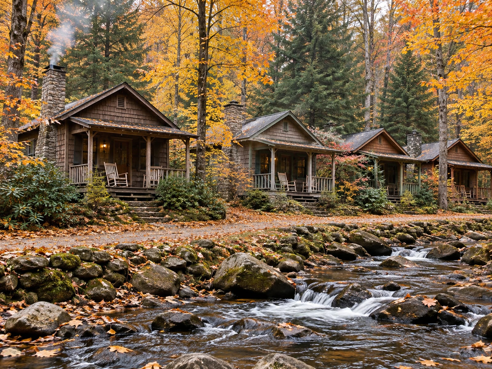A row of small wooden cabins with covered porches and rocking chairs along a rocky stream in an autumn forest, thin smoke rising from one chimney and fallen leaves on the path