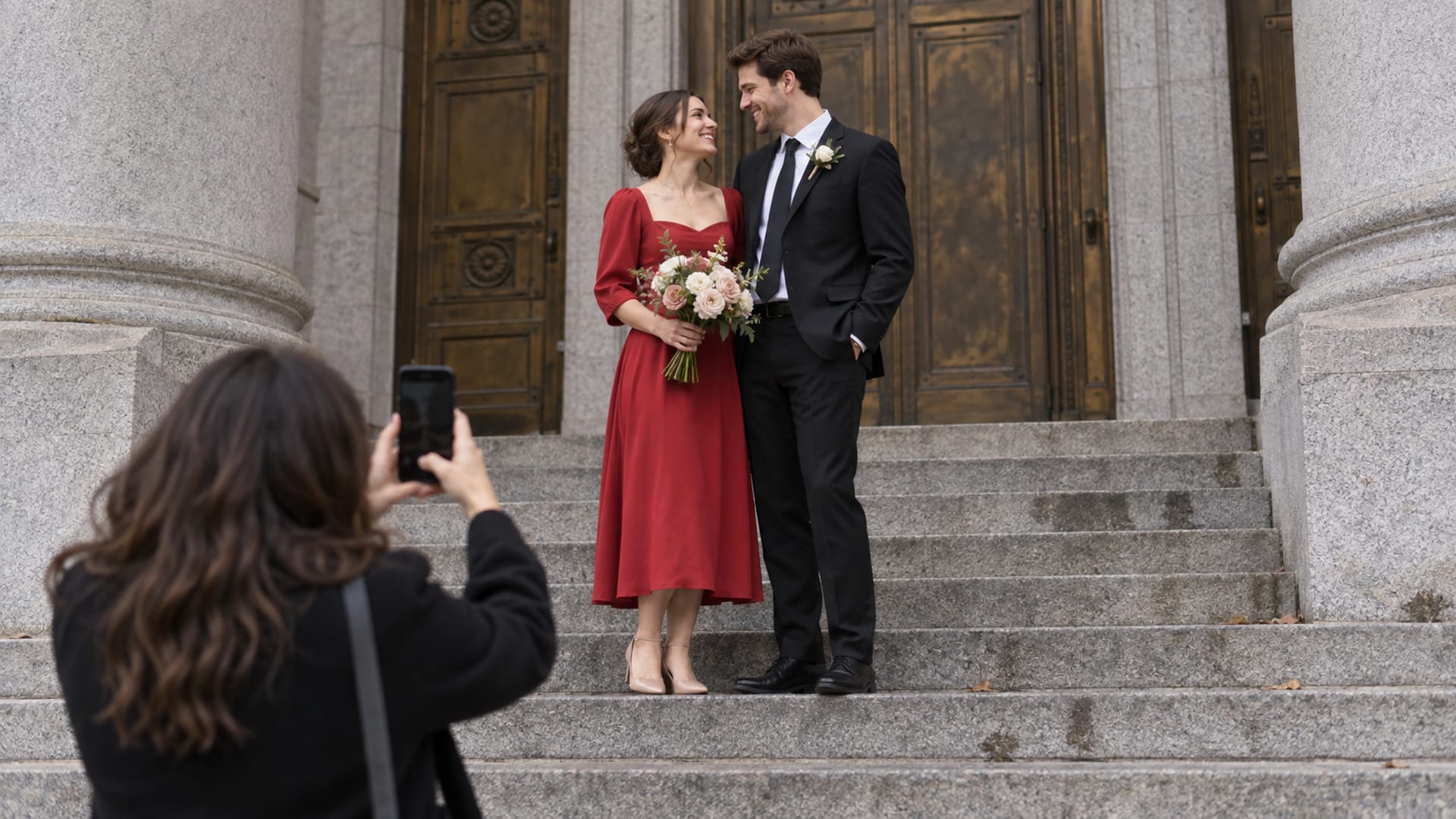 A woman and a man in their late twenties, both with fair skin, in a red dress and a black suit on the wide granite steps of a civic building, she holding a small bouquet, a friend below photographing them with a phone
