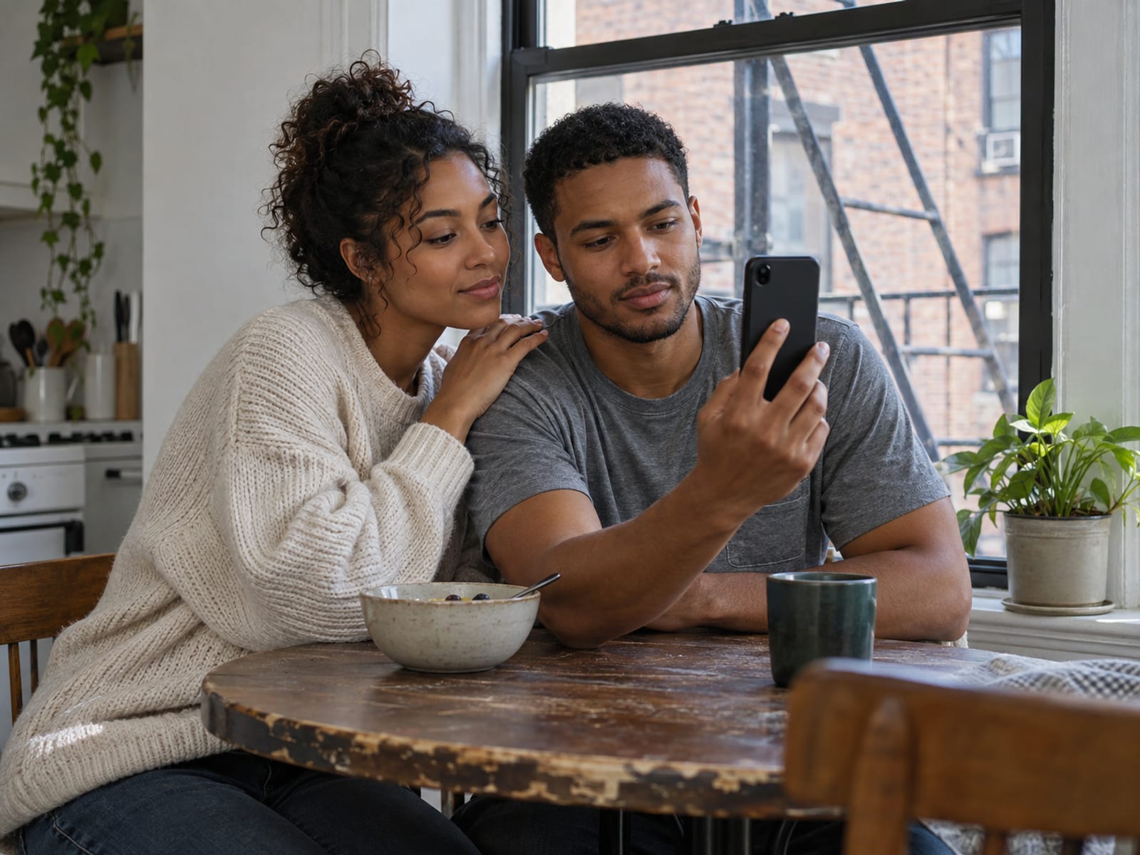 A woman and a man in their twenties, both with medium brown skin, at a small kitchen table in a walk-up apartment, he holding a phone with its back to the camera while she leans in to look