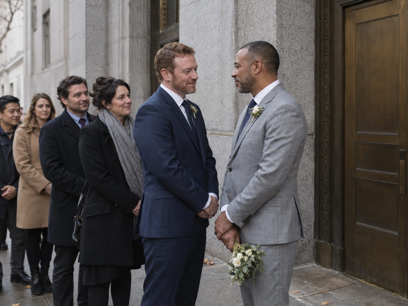 Two men in their forties, one with fair freckled skin and one with medium brown skin, in navy and light grey suits standing in a short, orderly line outside the bronze doors of a granite civic building on a narrow downtown street
