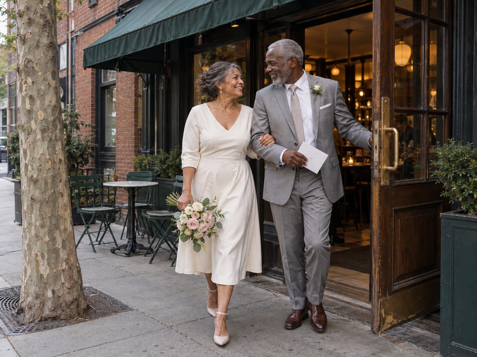 A woman with warm tan skin in an ivory midi dress and a man with dark brown skin in a light grey suit, both in their sixties, holding the door of a small corner bistro with a plain dark green awning, she carrying a bouquet and he a plain white envelope