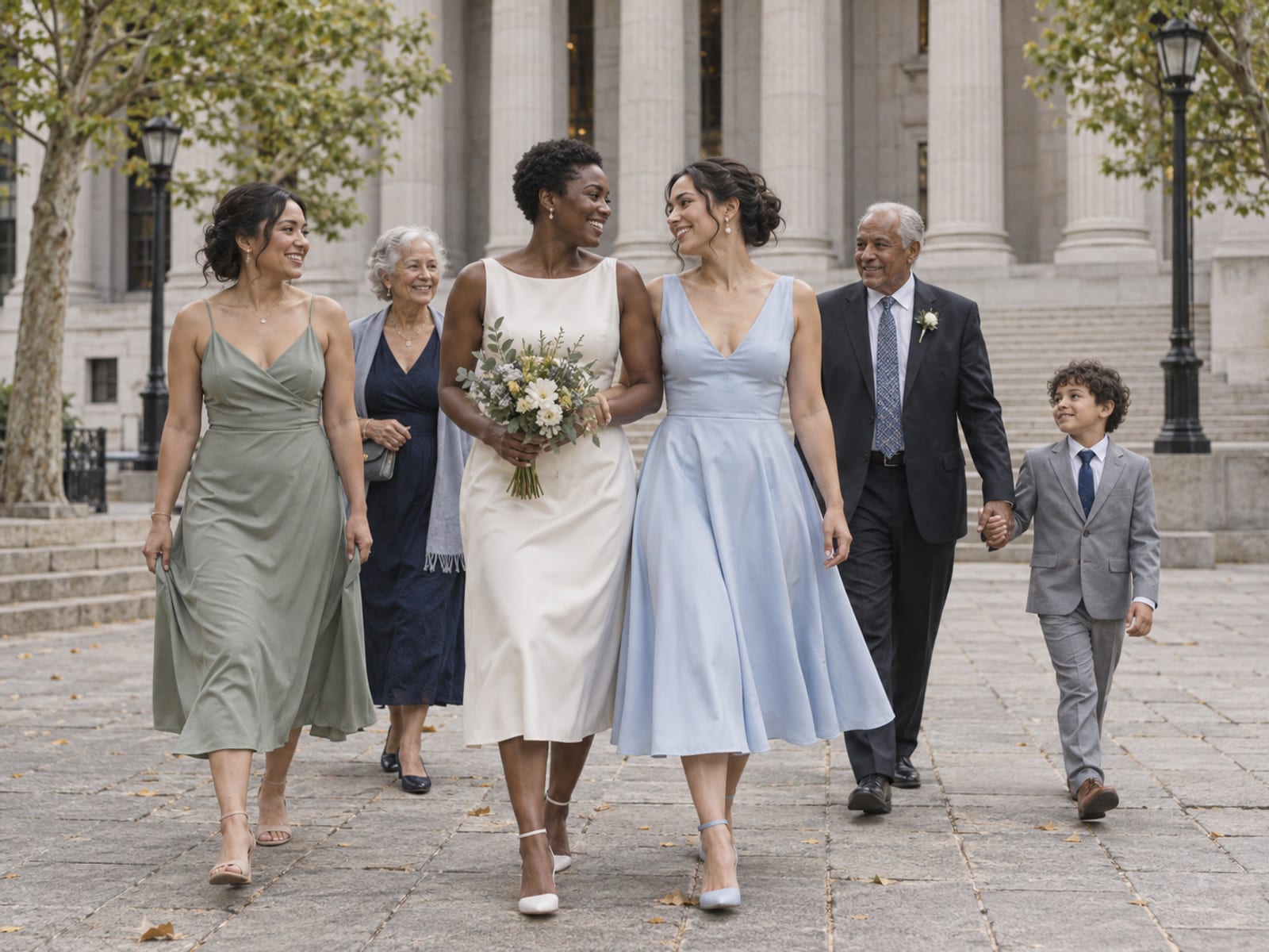 A wedding party of six crossing a small downtown plaza toward a granite civic building: two women, one with deep brown skin and one with light olive skin, in ivory and pale blue dresses, a witness, two grandparents and a child in a small suit