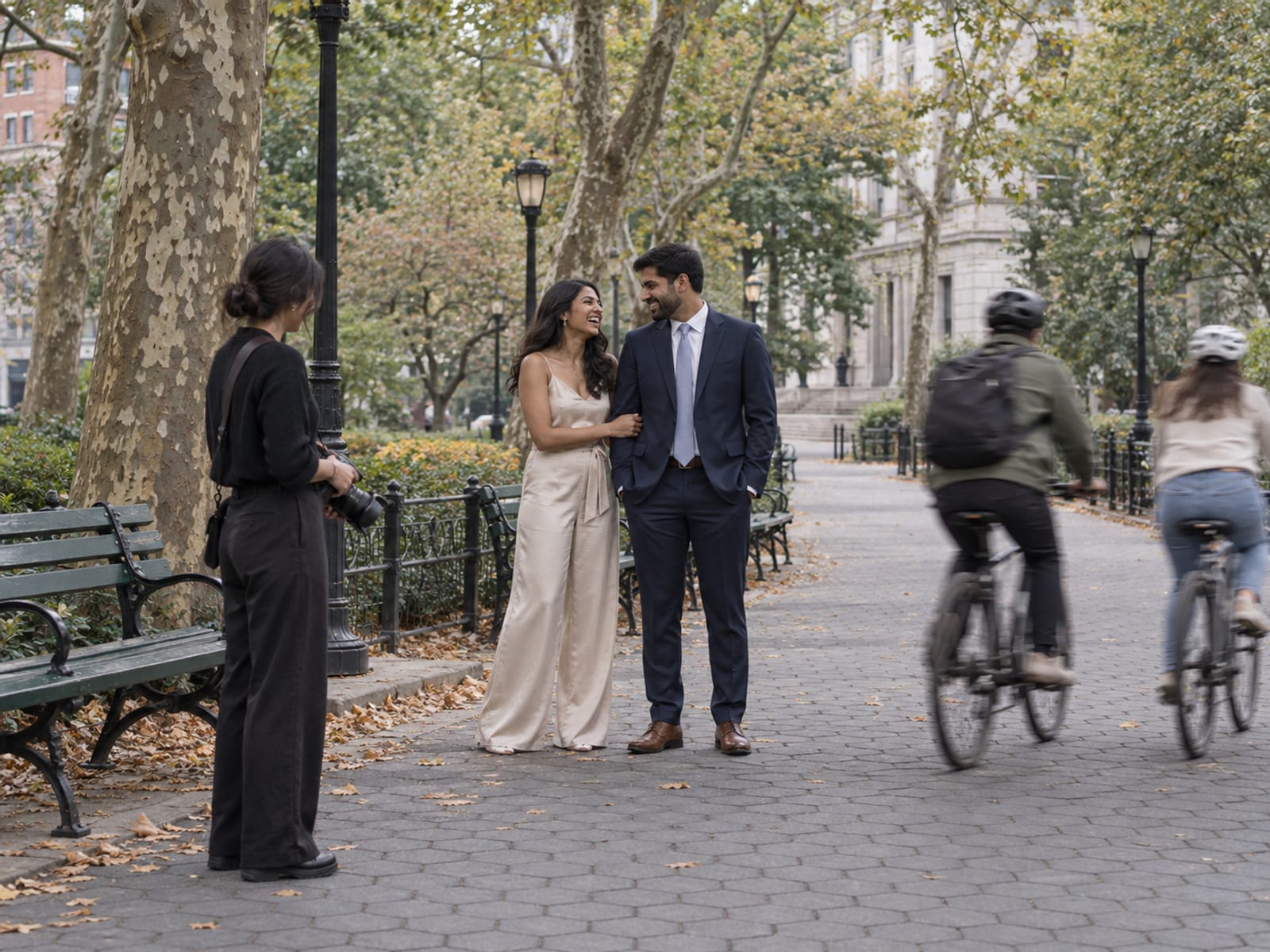 A woman and a man in their twenties, both with warm tan skin, in a champagne jumpsuit and a navy suit, with a photographer, stepping to the edge of a wide park path while two cyclists ride past