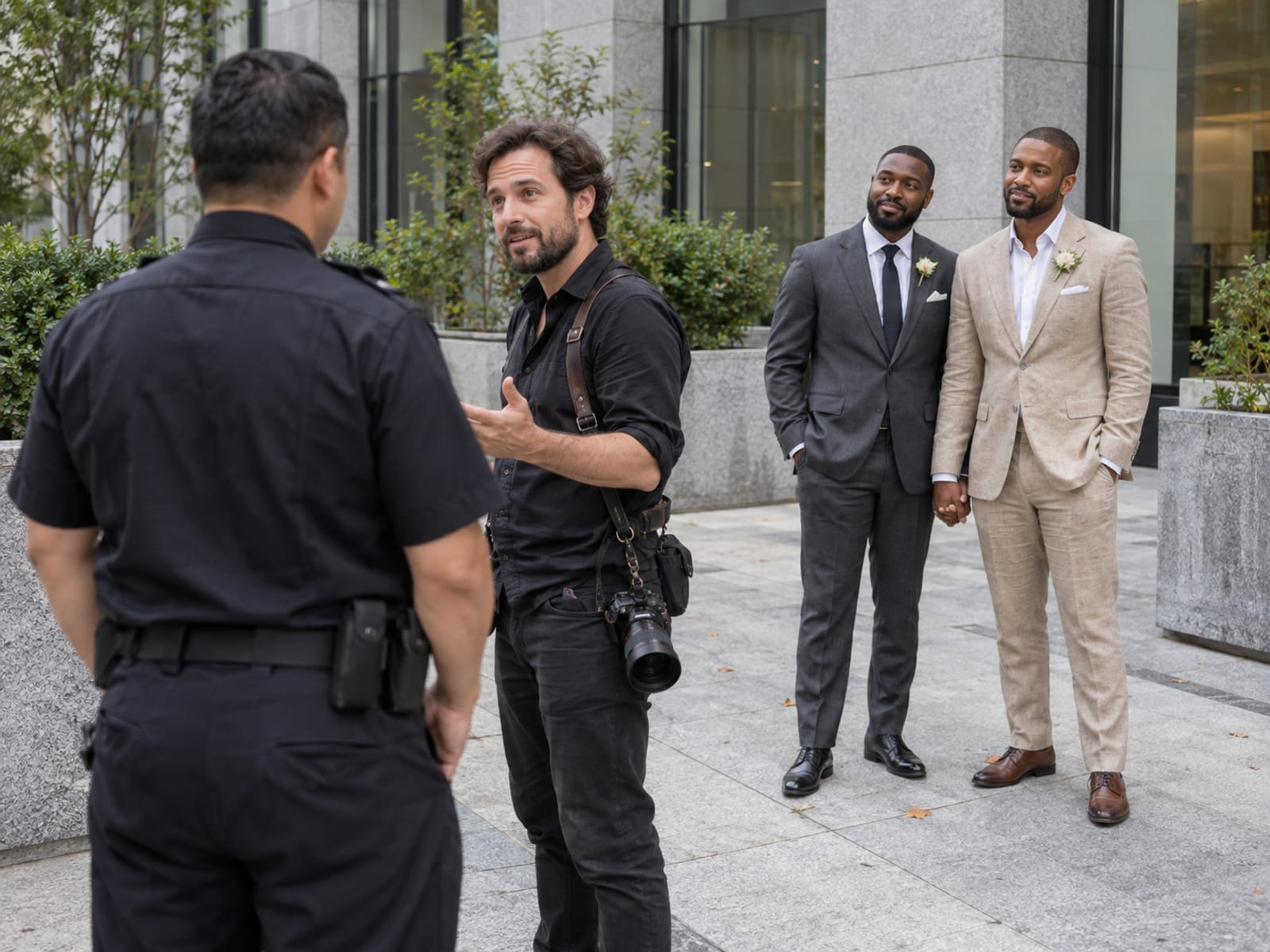 A photographer holding a camera talks with a security guard seen from behind on a granite office plaza while two men in their thirties, both with dark brown skin, in charcoal and tan linen suits wait nearby