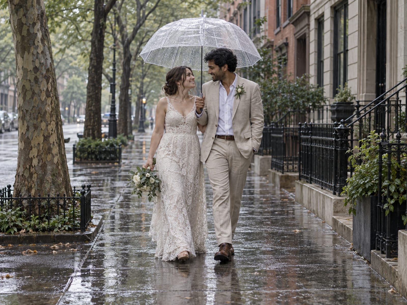 A woman and a man in their twenties, she with pale skin in a lace dress and he with golden brown skin in a linen suit, sharing a large clear umbrella on a wet sidewalk under plane trees, brick building fronts reflected in the pavement