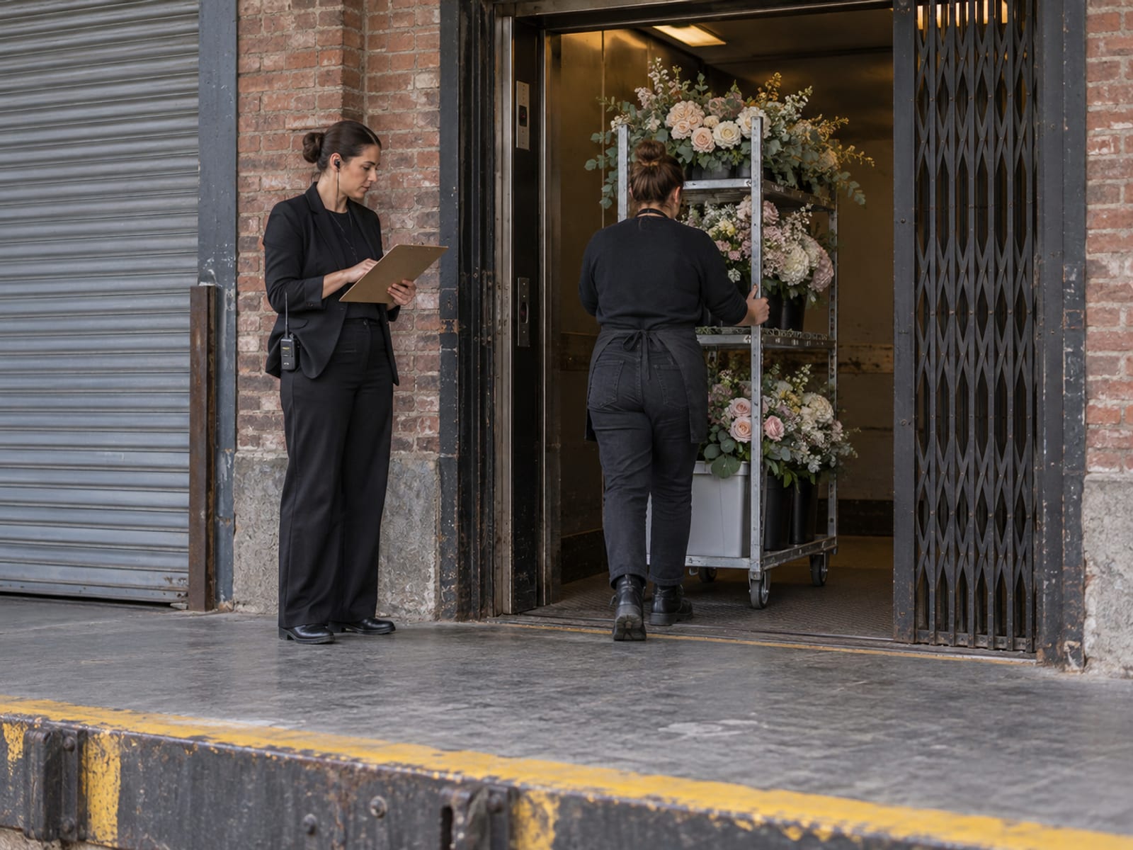 A wedding planner with a small earpiece standing beside an open freight elevator on the loading dock of an old brick industrial building, while a florist seen from behind wheels a cart of flower arrangements into the elevator