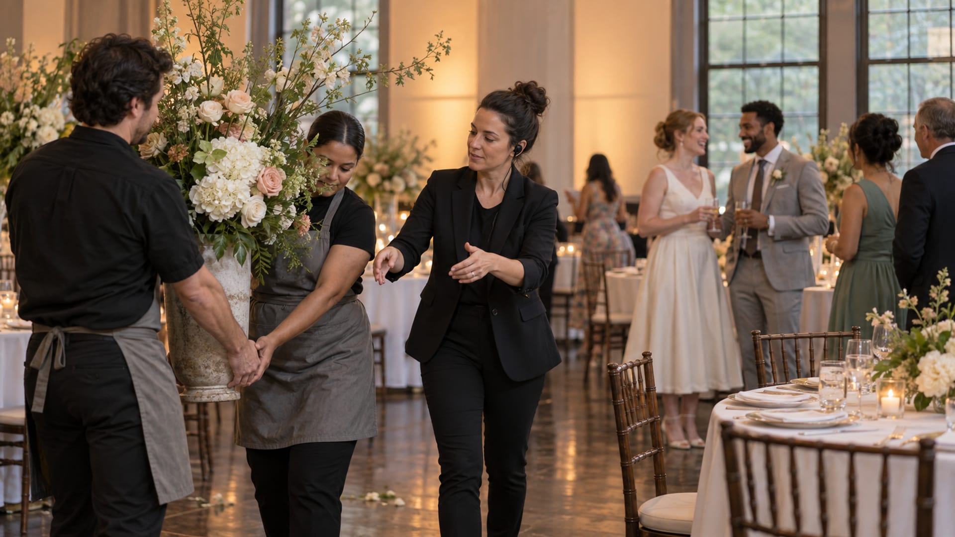 A wedding planner in a dark blazer with a small earpiece directing two vendors carrying a tall flower arrangement at the side of a reception room, a woman in an ivory dress and a man in a light grey suit laughing with guests behind