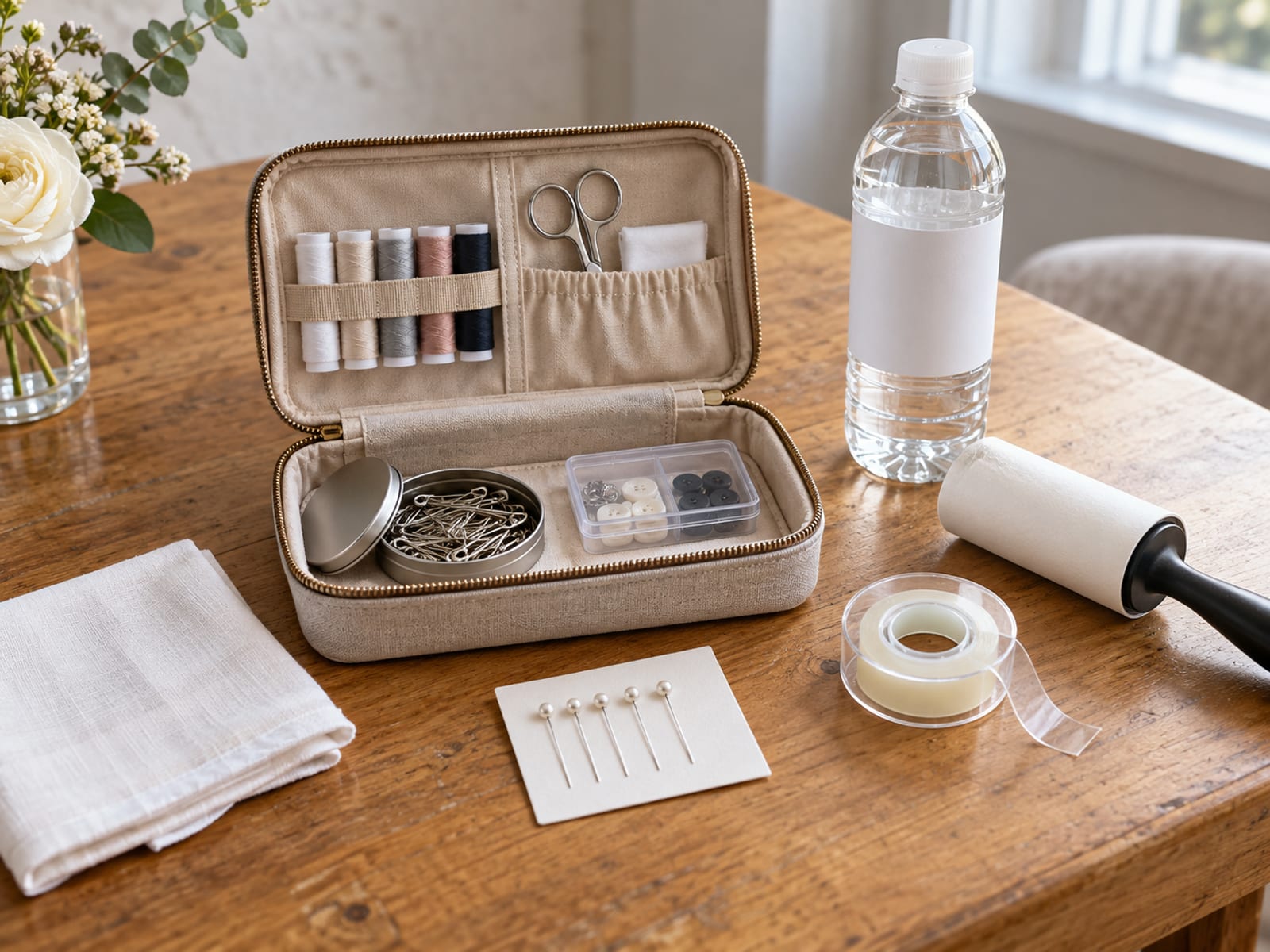 A wedding planner's day-of emergency kit laid open on a wooden table: a small sewing kit, safety pins, scissors, clear tape, spare boutonniere pins, a lint roller and bottled water, all plain and unbranded