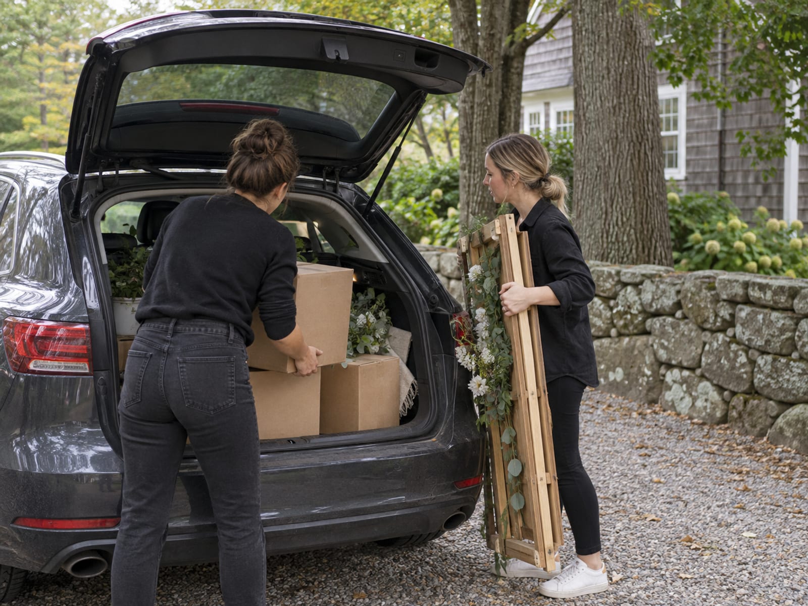 A wedding planner and an assistant loading boxes of decor and a folded ceremony backdrop into the open trunk of a car on a leafy suburban driveway in Westchester, a fieldstone wall and old trees behind them