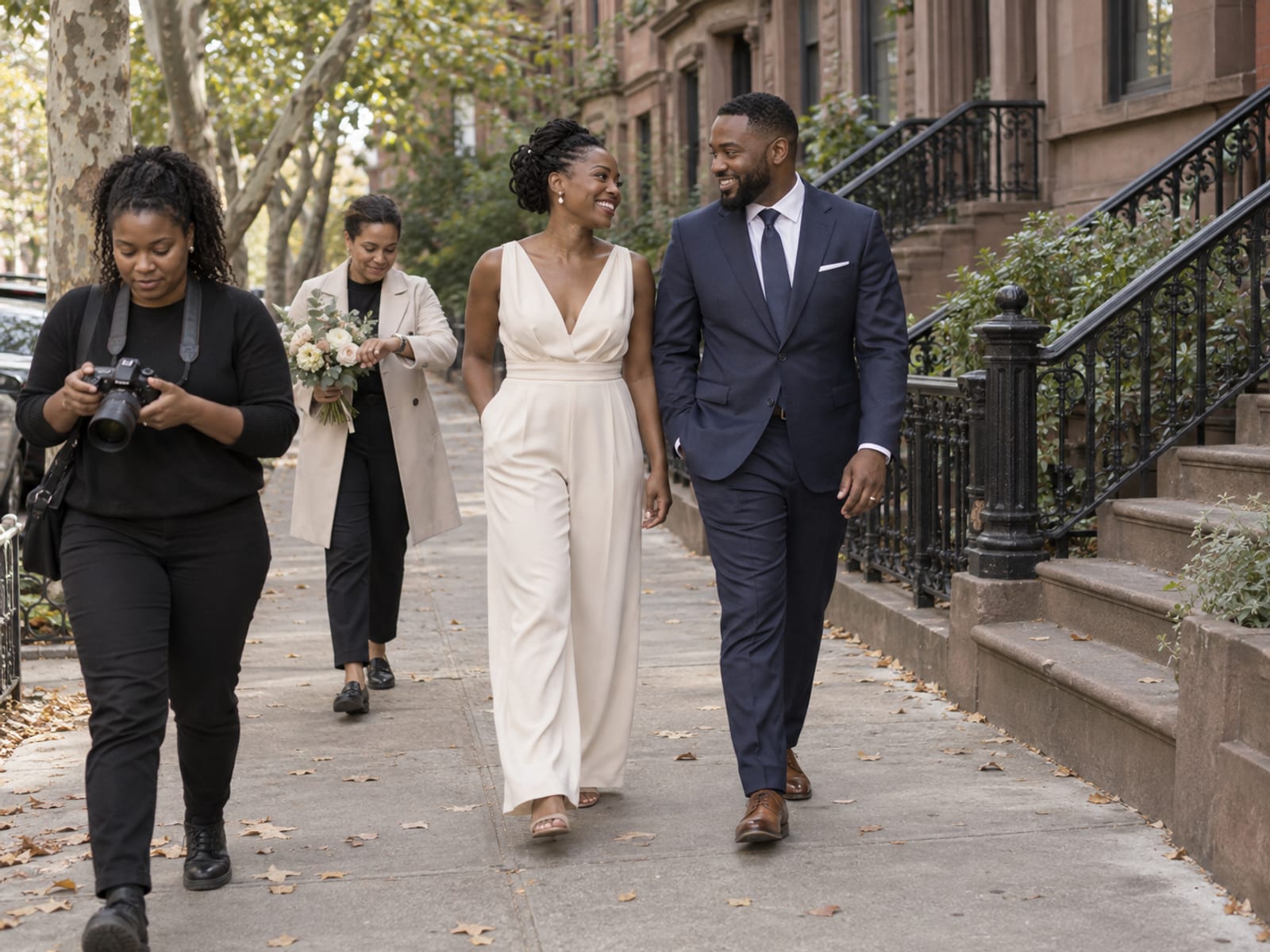 A woman and a man in their thirties, both with deep brown skin, she in a champagne jumpsuit and he in a navy suit, walking a quiet brownstone street with a photographer ahead, while an elopement coordinator in a light coat holds the small bouquet and glances at a plain wristwatch