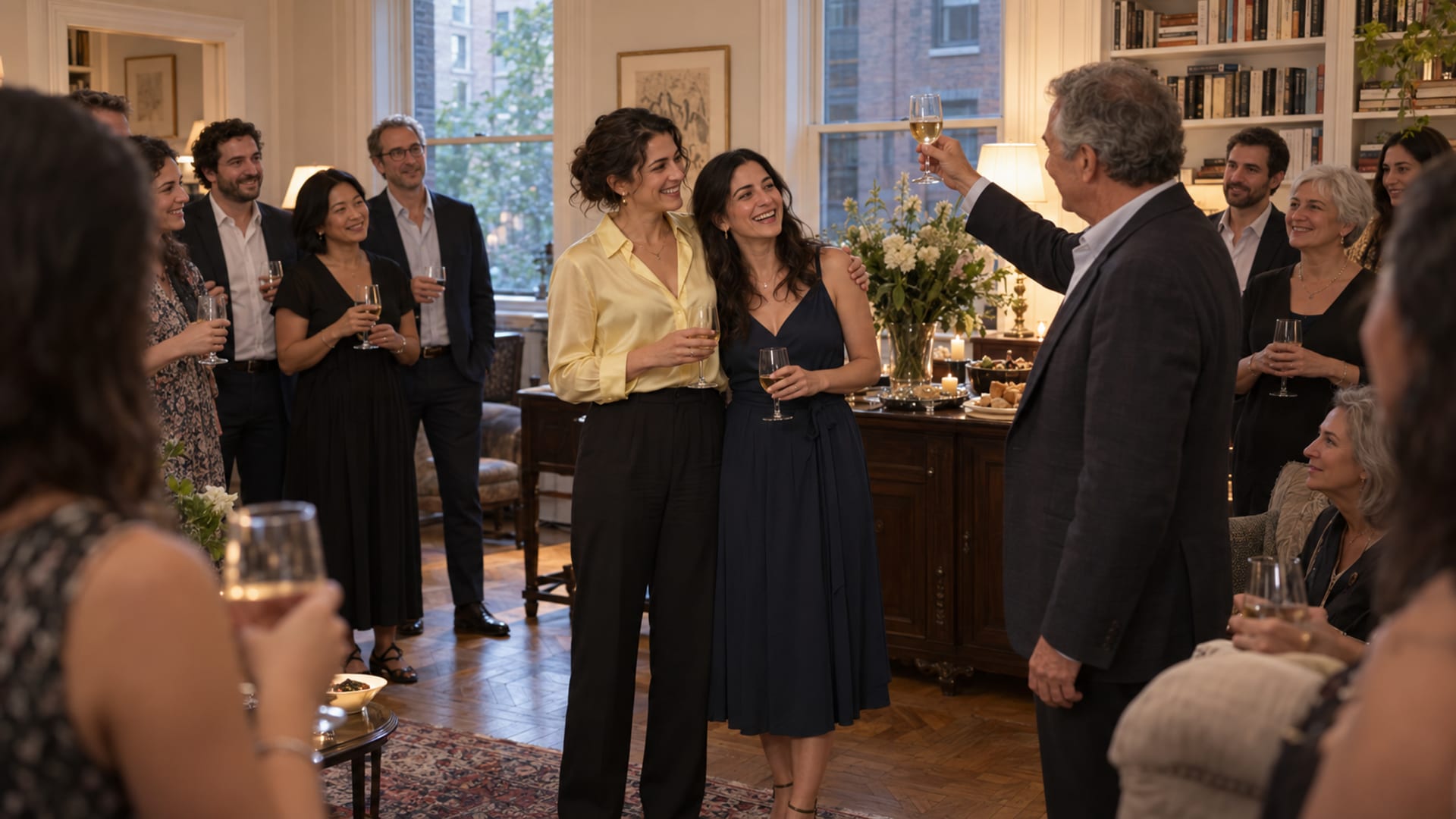 An engagement party in a large prewar apartment living room, about twenty guests of mixed ages holding glasses as a parent raises a toast to a couple in their late twenties, two women with light olive skin laughing at the centre, platters on a sideboard and tall windows