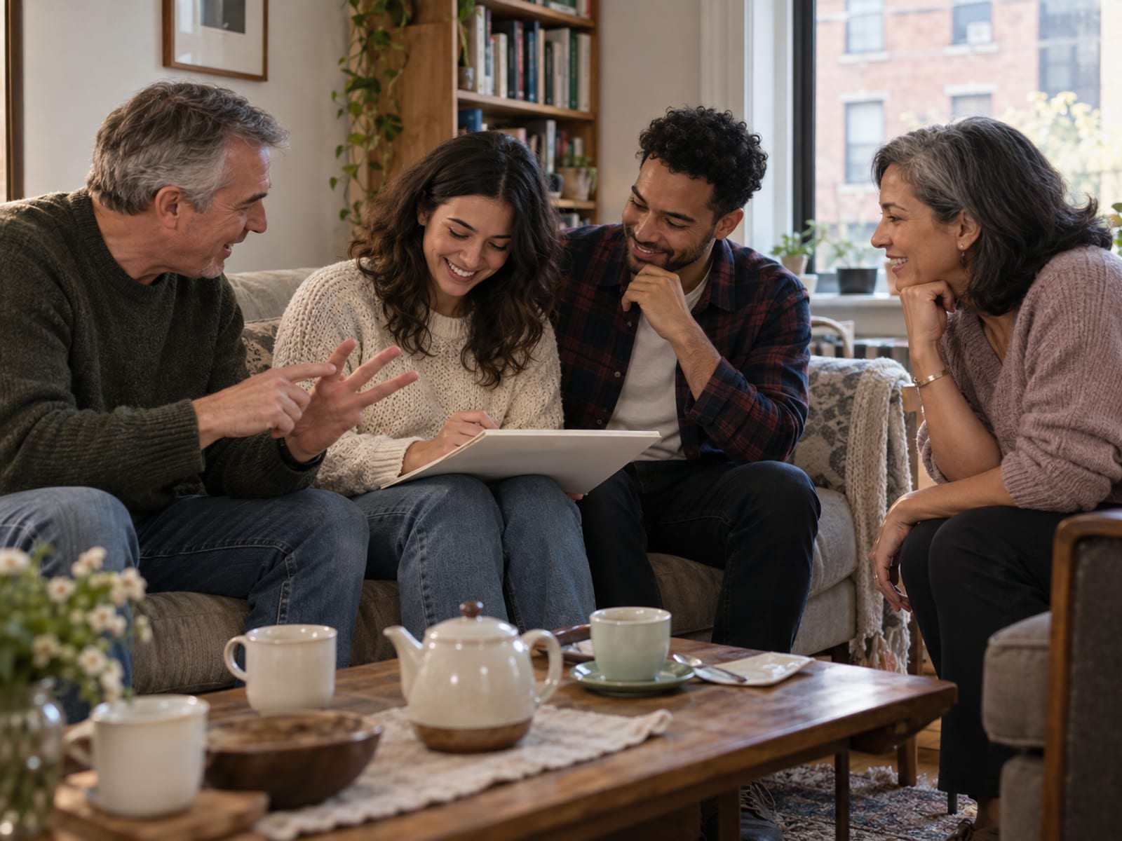 A woman and a man in their late twenties, one with pale skin and one with golden brown skin, on a sofa with a pair of parents in their fifties on a Sunday afternoon, going over a guest list on a paper pad held away from the camera, cups of tea on the table