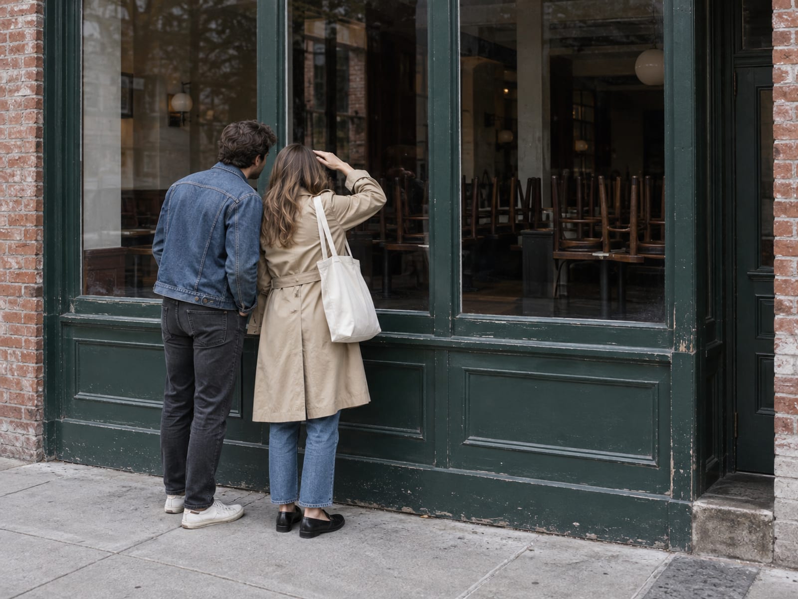 A woman and a man in their late twenties, both with fair skin, in everyday clothes looking in through the tall front windows of a closed restaurant, one shading their eyes, chairs turned up on the tables inside