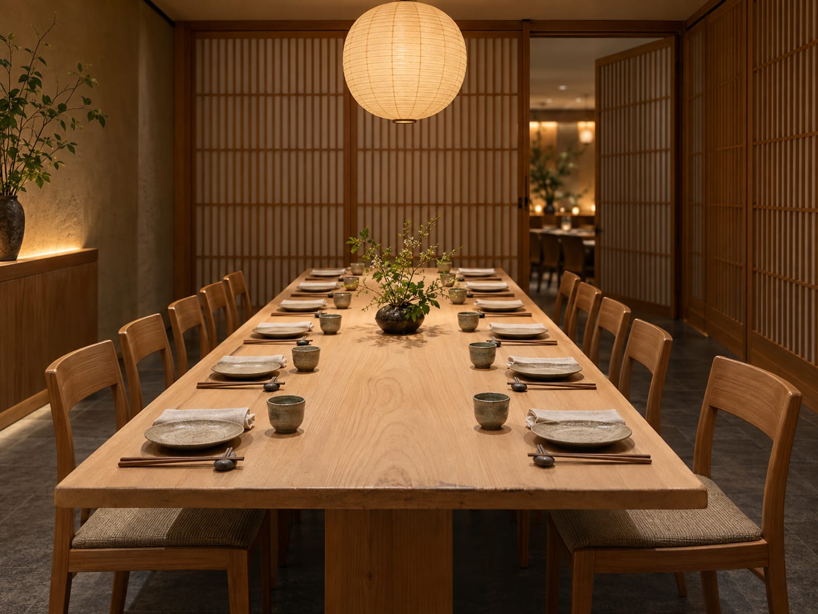 A semi-private dining alcove at the back of a Japanese restaurant, closed off by sliding wooden lattice screens, with a pale wood table set for twelve with small plates and chopstick rests