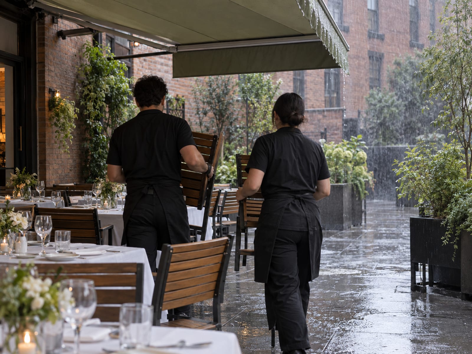 An outdoor restaurant terrace in light rain with a canvas awning half drawn over tables set for a party, two staff seen from behind carrying chairs under cover, wet paving at the open edge