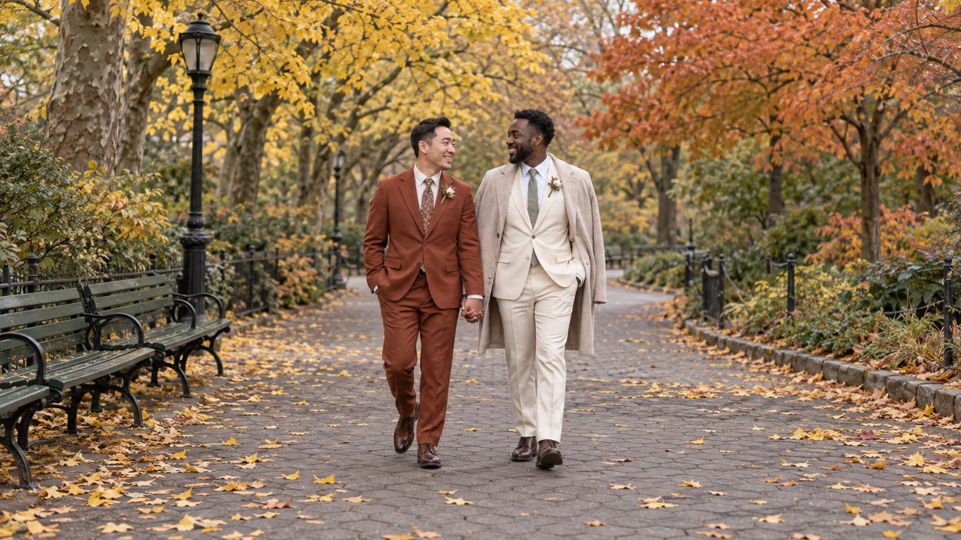 Two men, one with light skin and one with deep brown skin, in rust and cream suits walk hand in hand along a park path under yellow ginkgo and orange maple trees, fallen leaves on hexagonal pavers