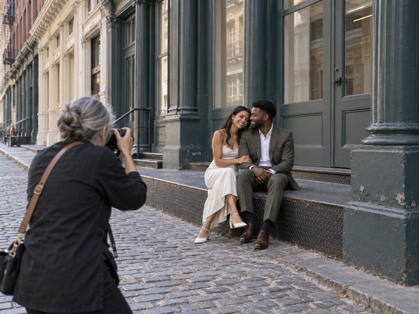 A photographer in her fifties framing a woman and a man in their late twenties, one with warm tan skin and one with dark brown skin, on a loading dock step on an empty cast-iron block in early morning side light