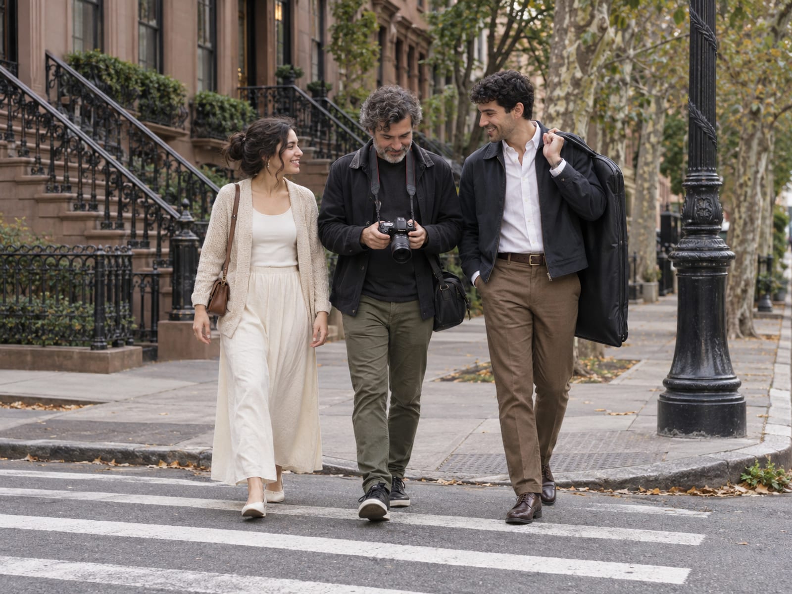 A photographer and a woman and a man in their twenties, both with light olive skin, crossing a quiet Brooklyn street corner, one partner carrying a zipped garment bag over the shoulder while the photographer checks the camera