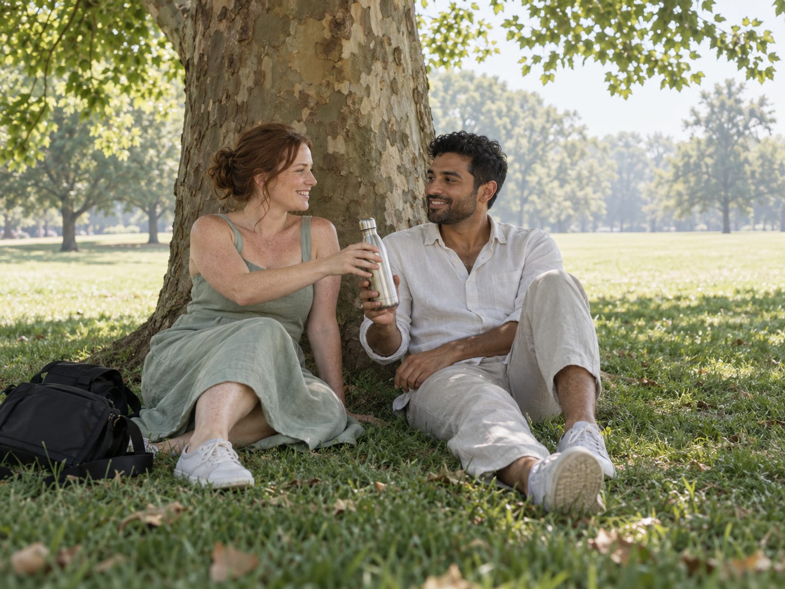 A woman and a man in their thirties in light summer linen, one with fair freckled skin and one with medium brown skin, resting in the shade of a large tree on a park lawn, one passing the other a water bottle, a camera bag on the grass