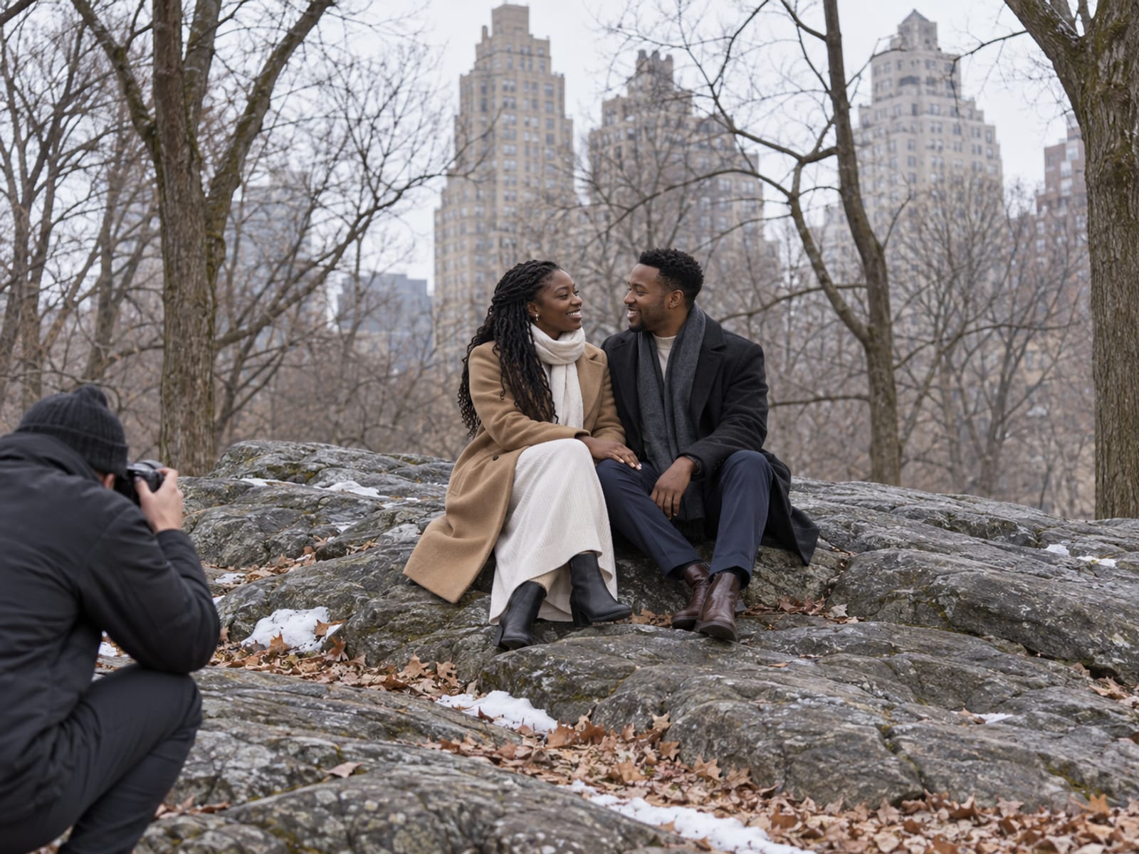 A woman and a man in their late twenties, both with deep brown skin, sitting close together on a large grey rock outcrop in a winter park, bare trees around them and apartment towers faint beyond, a photographer small at the edge of the frame