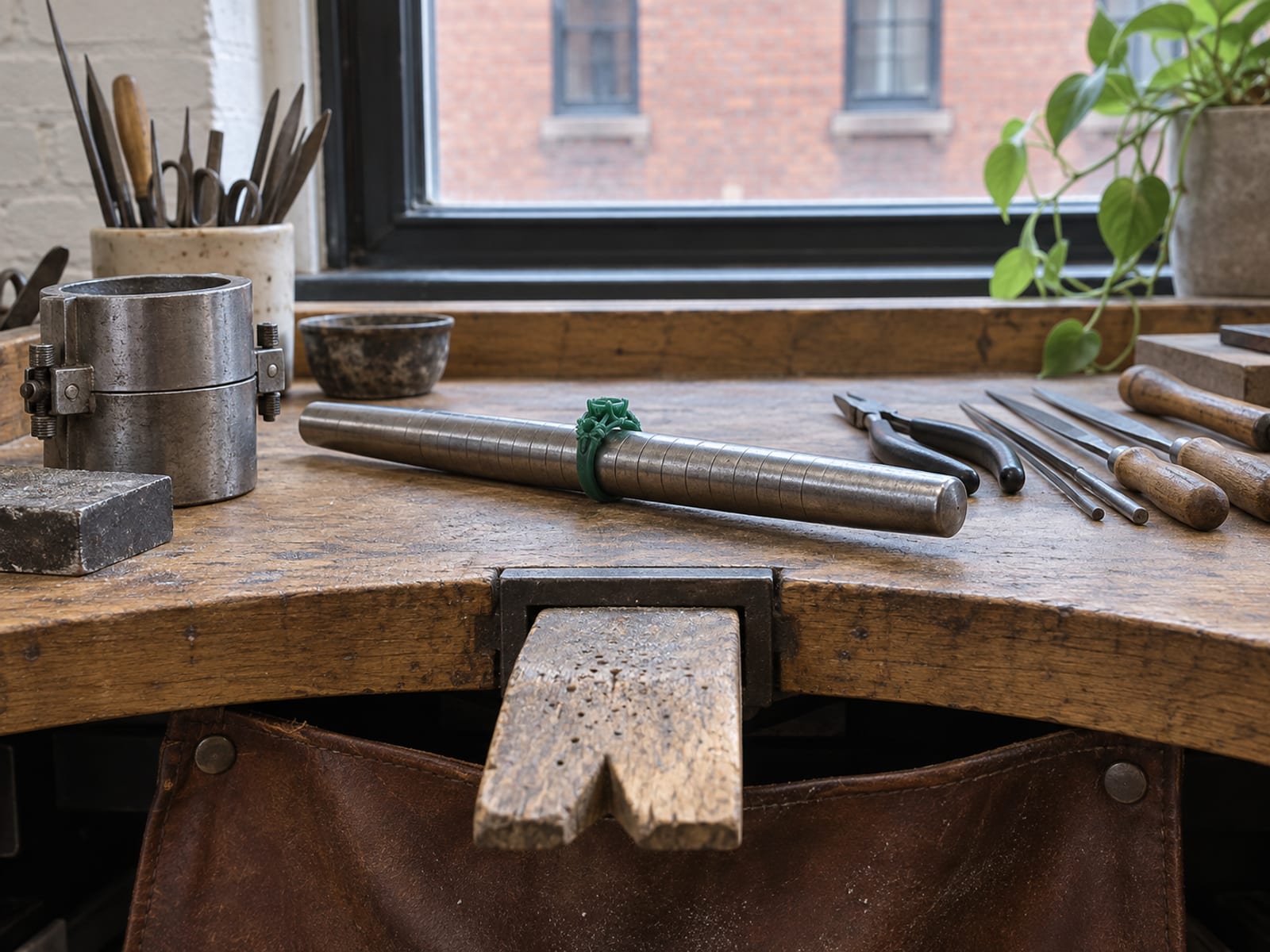 A jeweler's workshop bench by a window with a carved wax ring model on a steel mandrel, a small casting flask, pliers and fine files in a row, and a leather bench apron hanging below