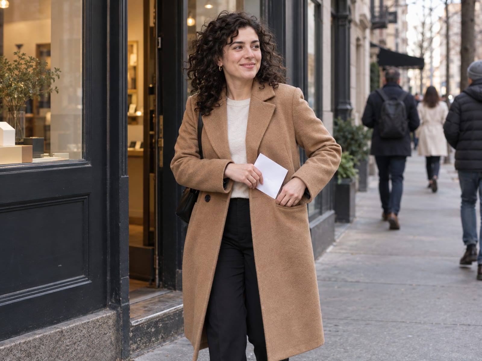 A relaxed, smiling person in their late twenties with light skin and dark curly hair stepping out of a small shop doorway onto a busy sidewalk, folding a plain sheet with its blank side out into a coat pocket