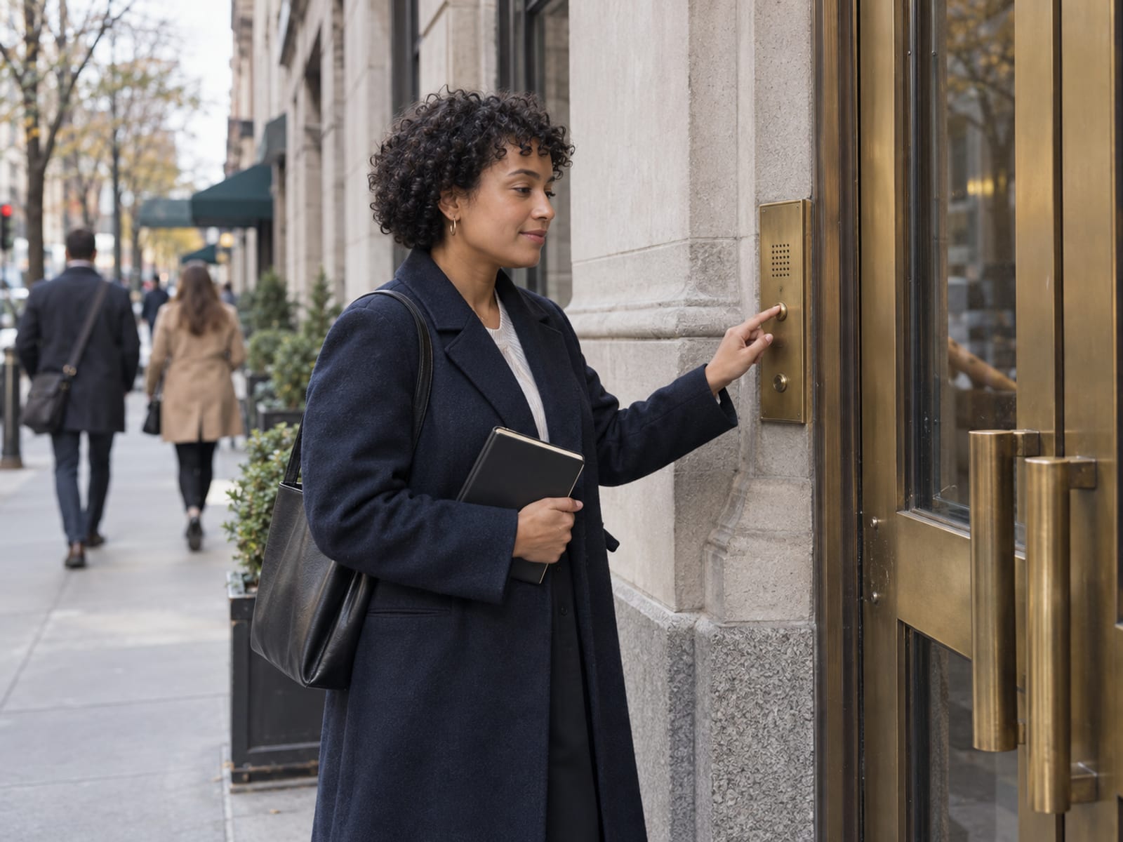 A person in their thirties with medium brown skin pressing an unmarked intercom button beside the heavy glass door of an older office building, holding a small closed notebook, with blurred pedestrians behind