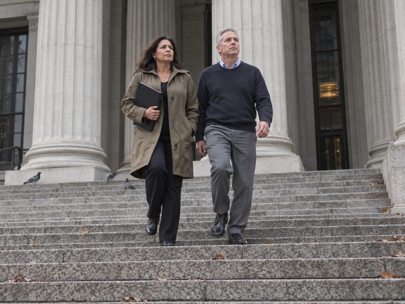 A woman with medium olive skin in a raincoat and a man with fair skin in a sweater and slacks, both in their fifties, climbing the wide steps of a columned granite courthouse side by side, she holding a closed dark folder