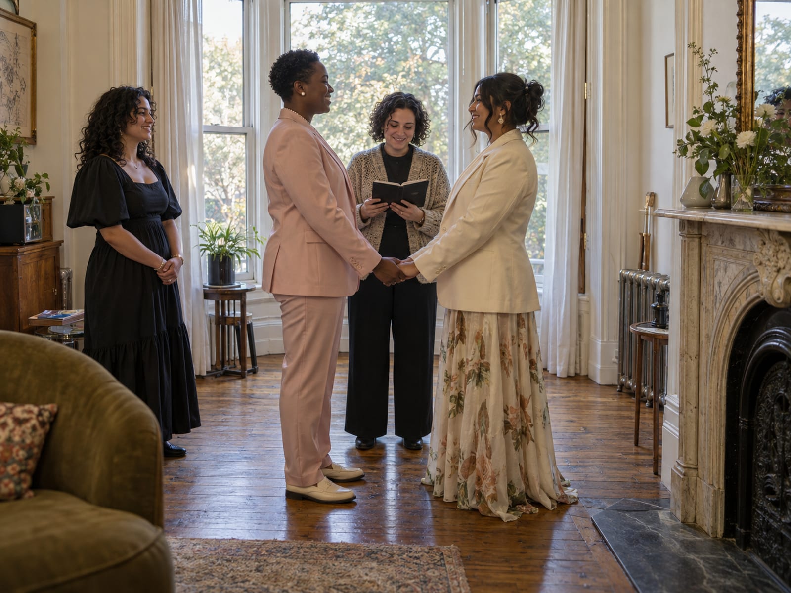 A friend in a cardigan officiating for two people in their thirties at a tall bay window in a brownstone parlor, one with dark skin in a pale pink suit with pearls and one with light tan skin in a long flowing skirt and cream blazer, a witness close by