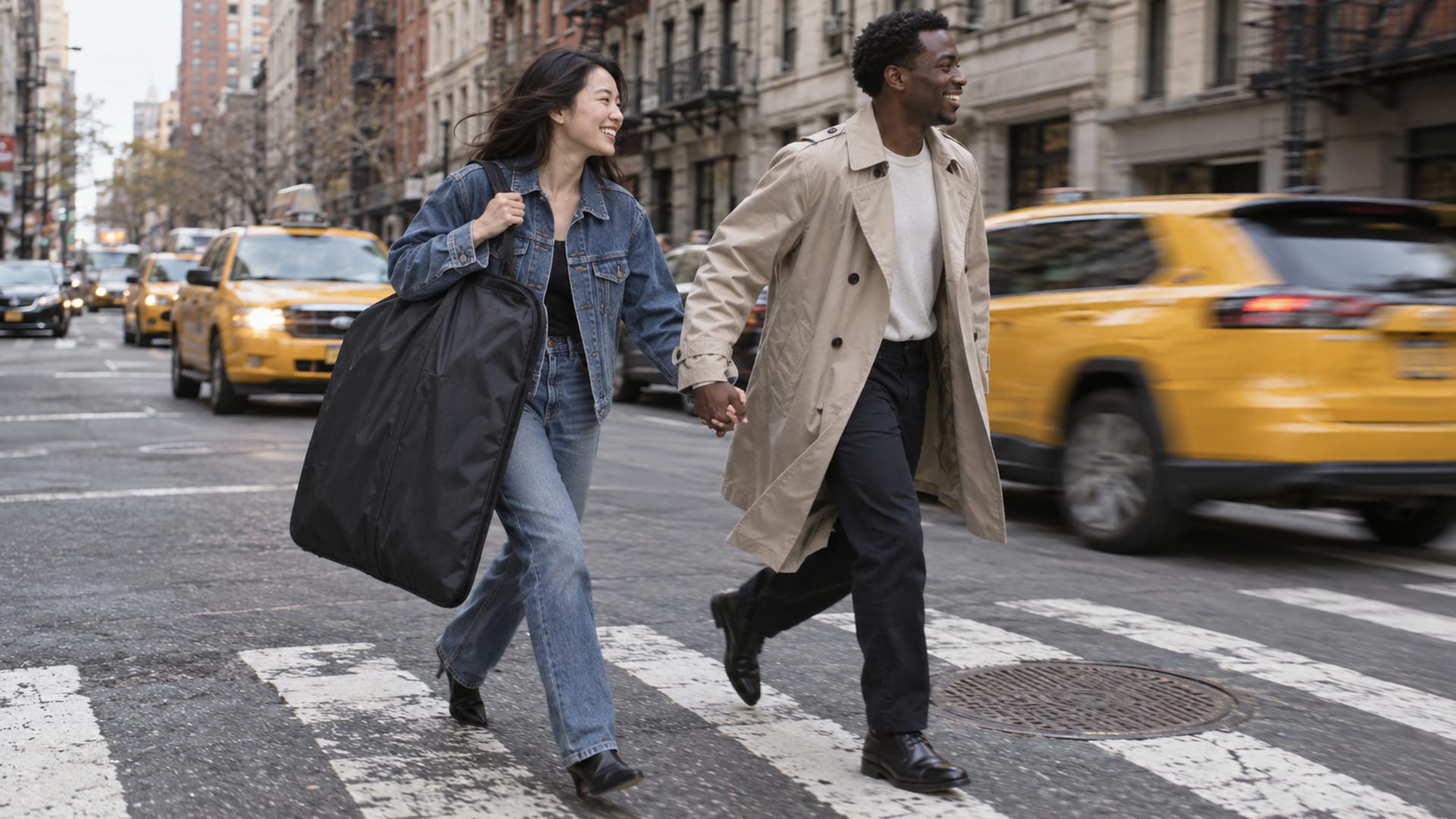 A laughing woman and man in their twenties, she with light skin and he with deep brown skin, hurrying across a downtown crosswalk, she carrying a garment bag over a shoulder, blurred yellow taxis behind