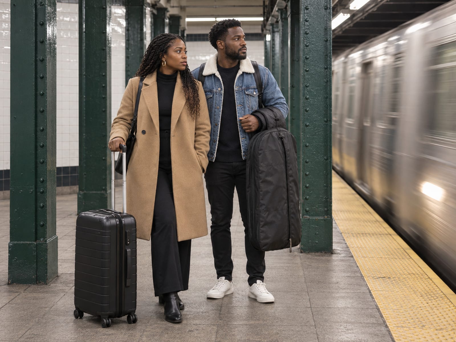 A woman and a man in their thirties, both with deep brown skin, with a rolling suitcase and a garment bag waiting on a white tiled subway platform, a train arriving blurred at the edge