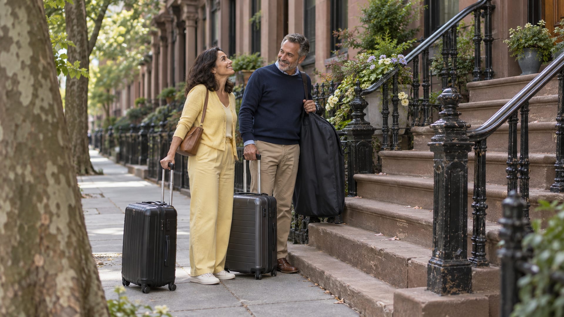 A woman and a man in their fifties, both with light olive skin, arriving at a brownstone stoop with two rolling suitcases and a garment bag, cast iron railings beside the steps