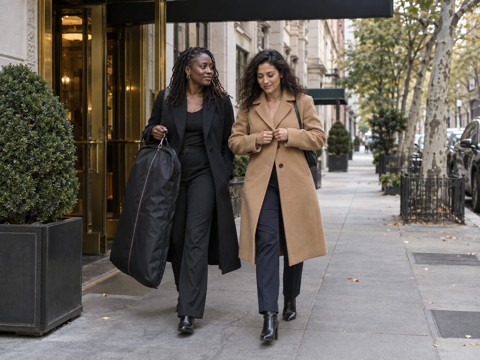 Two women in their forties, one with deep brown skin and one with light olive skin, stepping out of a hotel entrance under a plain dark canopy on a weekday morning, one carrying a garment bag and the other buttoning a camel coat