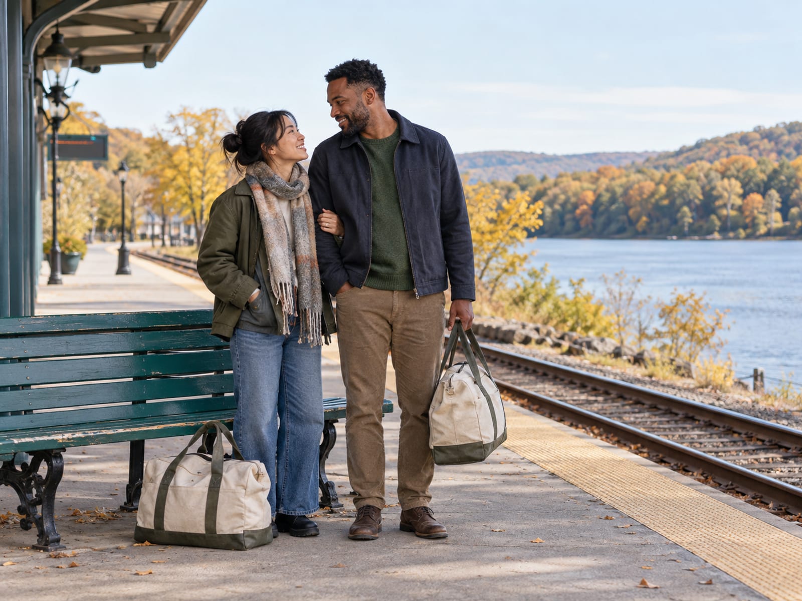 A woman and a man in their thirties, one with light skin and East Asian features and one with deep brown skin, waiting beside a bench on a small riverside train platform with one weekend duffel each, yellowing trees and the river beyond the tracks