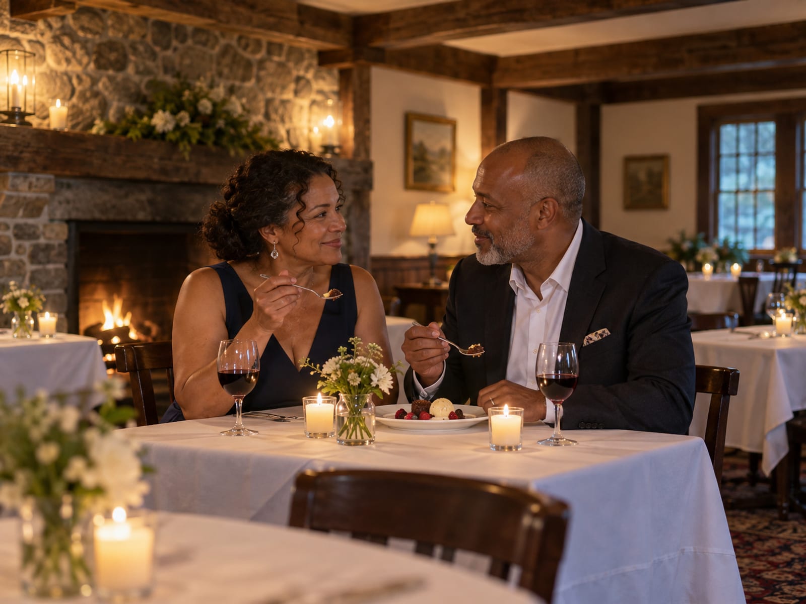 A woman and a man in their fifties, both with medium brown skin, sharing a dessert by candlelight in the beamed dining room of a country inn with a stone fireplace and empty tables around them