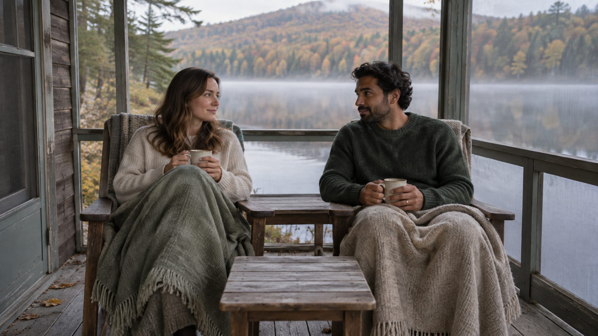 A woman and a man in their thirties, one with pale skin and one with golden brown skin, sit on the screened porch of a lakeside cabin with wool blankets over their knees and two mugs on a small table, a still lake and forested autumn hills beyond