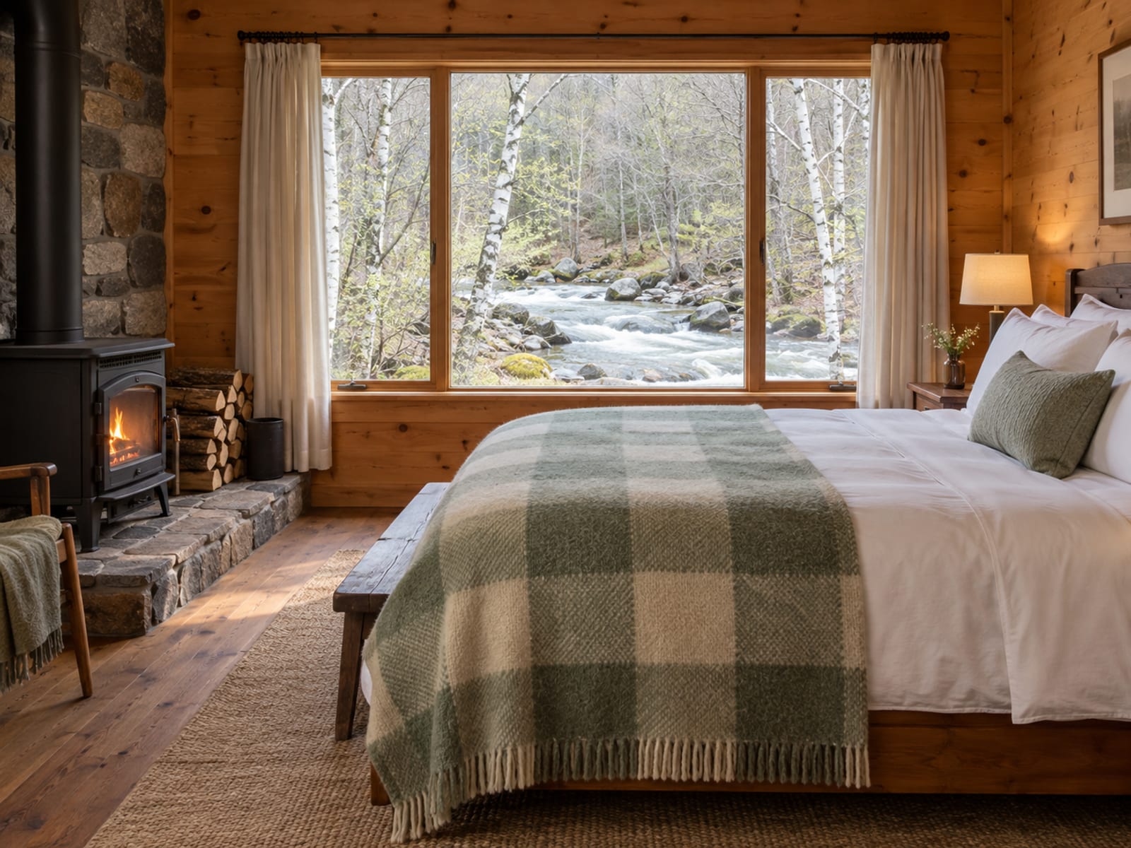 A rustic lodge room with a made bed under a heavy wool blanket, a small black wood-burning stove and a wide window onto a stream and bare birch trees in early spring