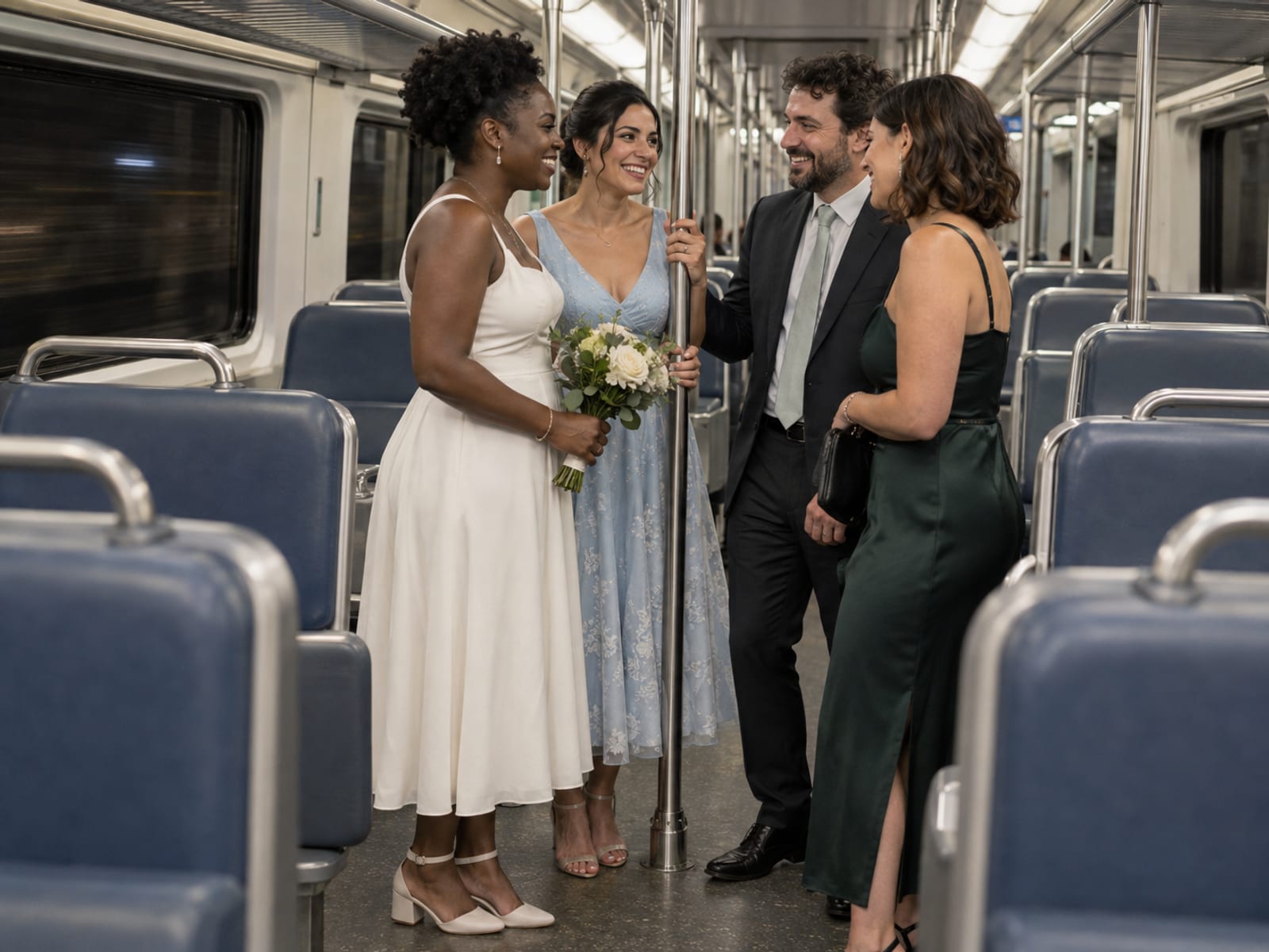 Two women in their thirties, one with deep brown skin and one with light olive skin, in an ivory midi dress and a pale blue tea-length dress, stand with two guests holding a steel pole in a quiet commuter train car