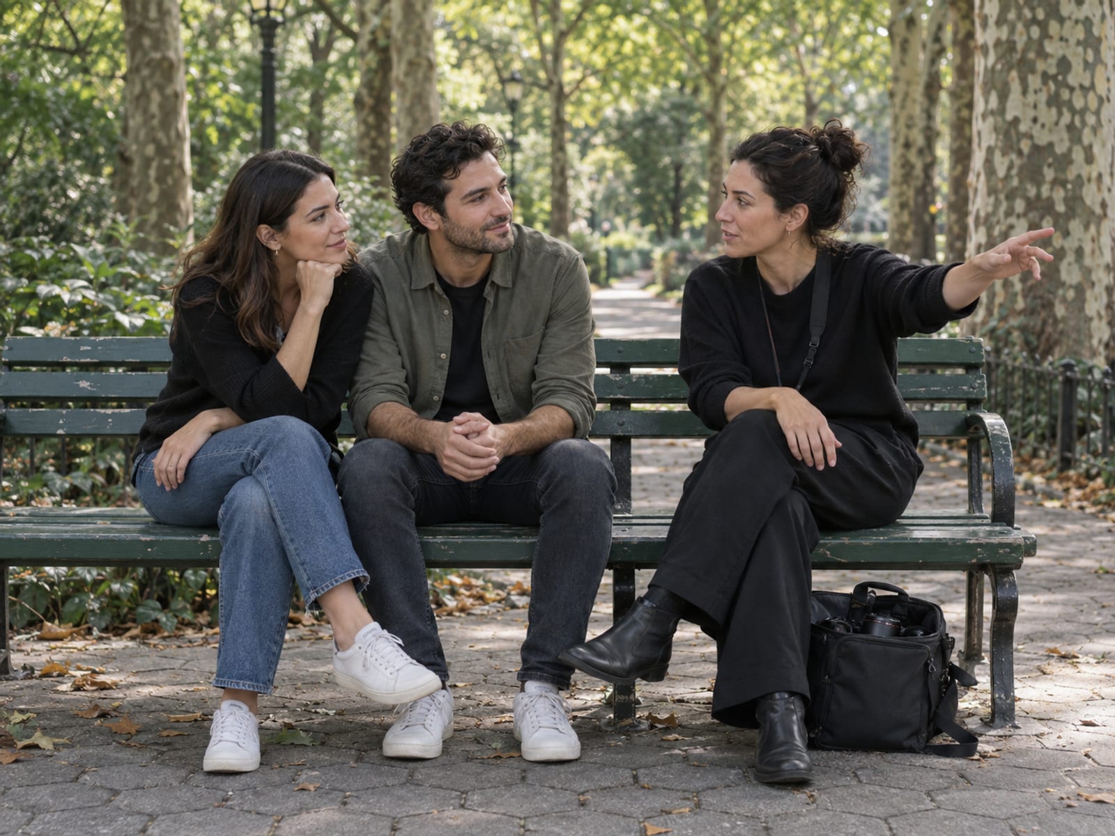 A photographer in their thirties talking with a woman and a man with light olive skin on a green slatted park bench under plane trees, pointing toward soft light under the trees with a camera bag at their feet