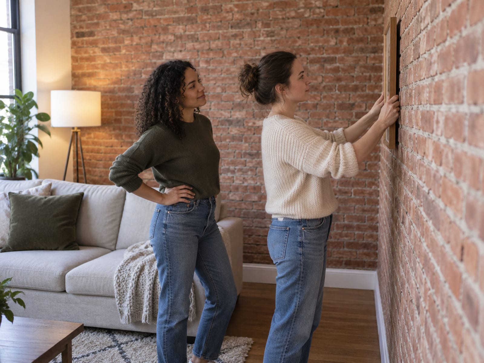Two women, one with pale skin and one with golden brown skin, hanging a large framed photograph on a brick apartment wall, one holding the frame level while the other steps back to check it, the frame seen side-on