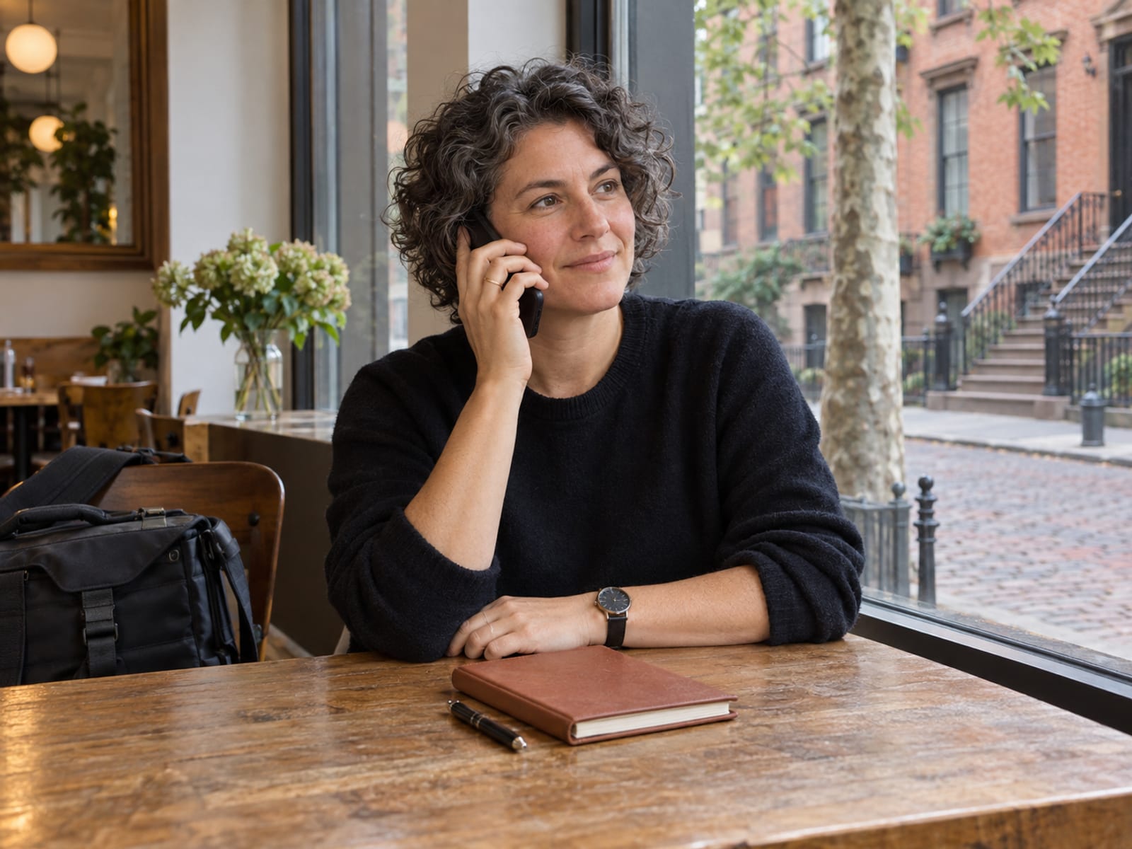 A photographer in their forties at a window table in a quiet cafe taking a call on a phone with its screen facing away, a closed paper diary and pen on the table, a camera bag on the chair, a brick street outside