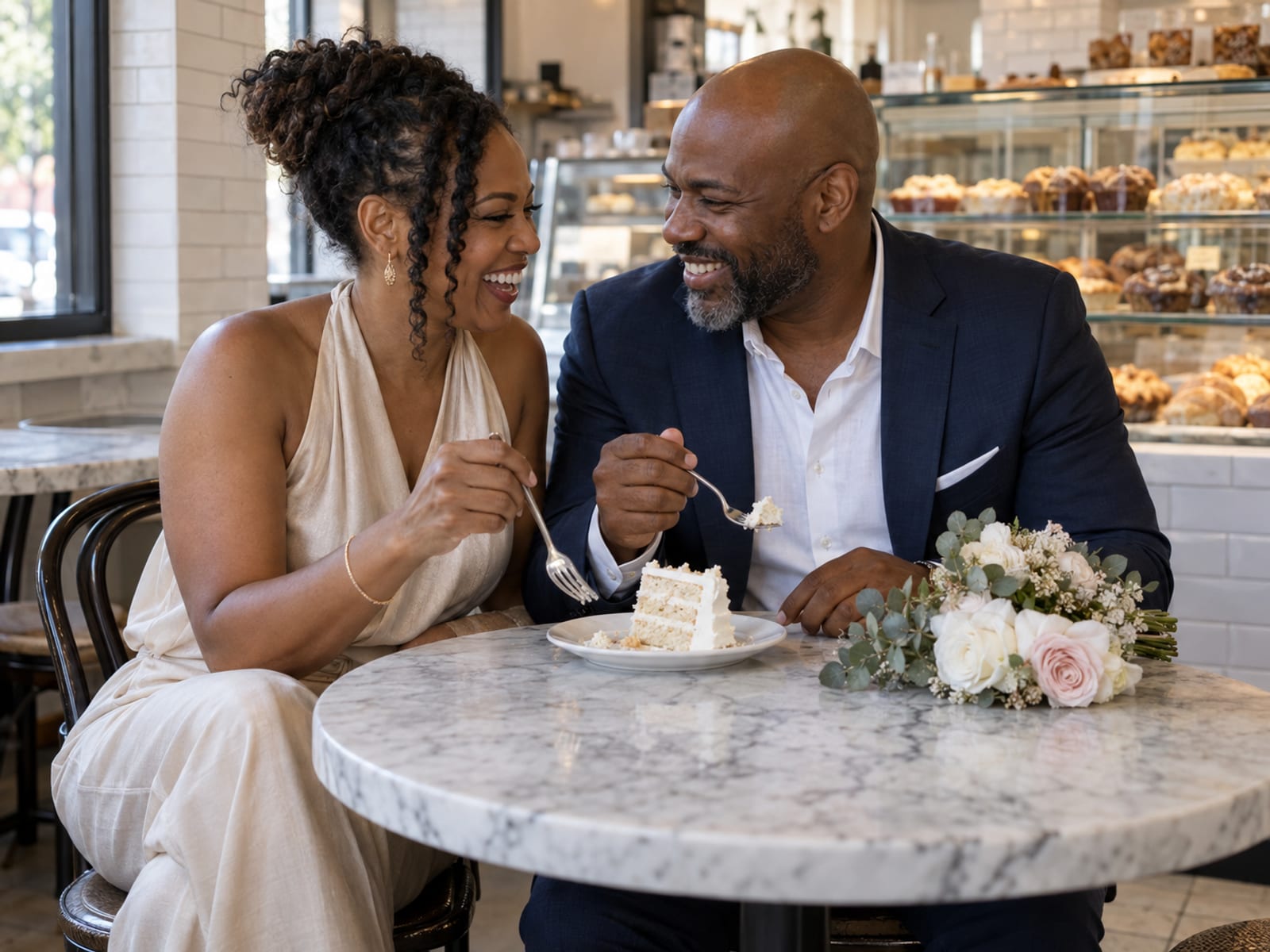 A woman in a champagne jumpsuit and a man in a navy suit, both in their forties with dark brown skin, sharing a slice of white cake at a small marble table in a bakery with white tile walls