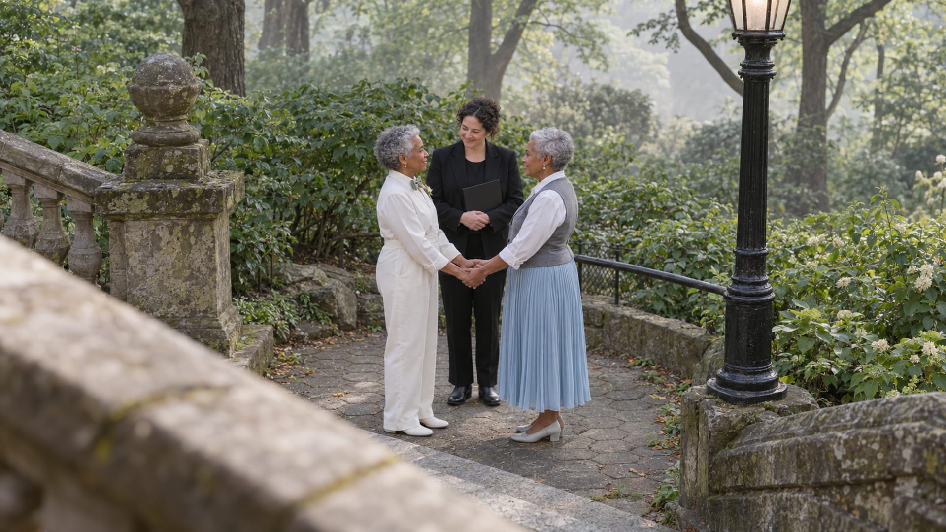 Two people in their sixties, both with medium brown skin, one in a white jumpsuit with a silk bow tie and one in a pleated midi skirt with a waistcoat, facing an officiant in a leafy park corner in early morning beside an old stone staircase