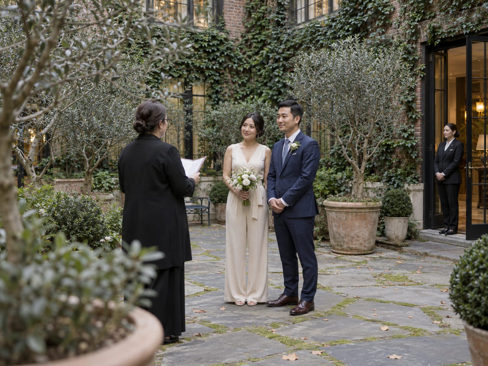 A woman and a man in their thirties, both with light skin, in a champagne jumpsuit and a navy suit, with an officiant in a small hotel courtyard garden with ivy-covered brick walls and potted olive trees, a staff member waiting by an open doorway
