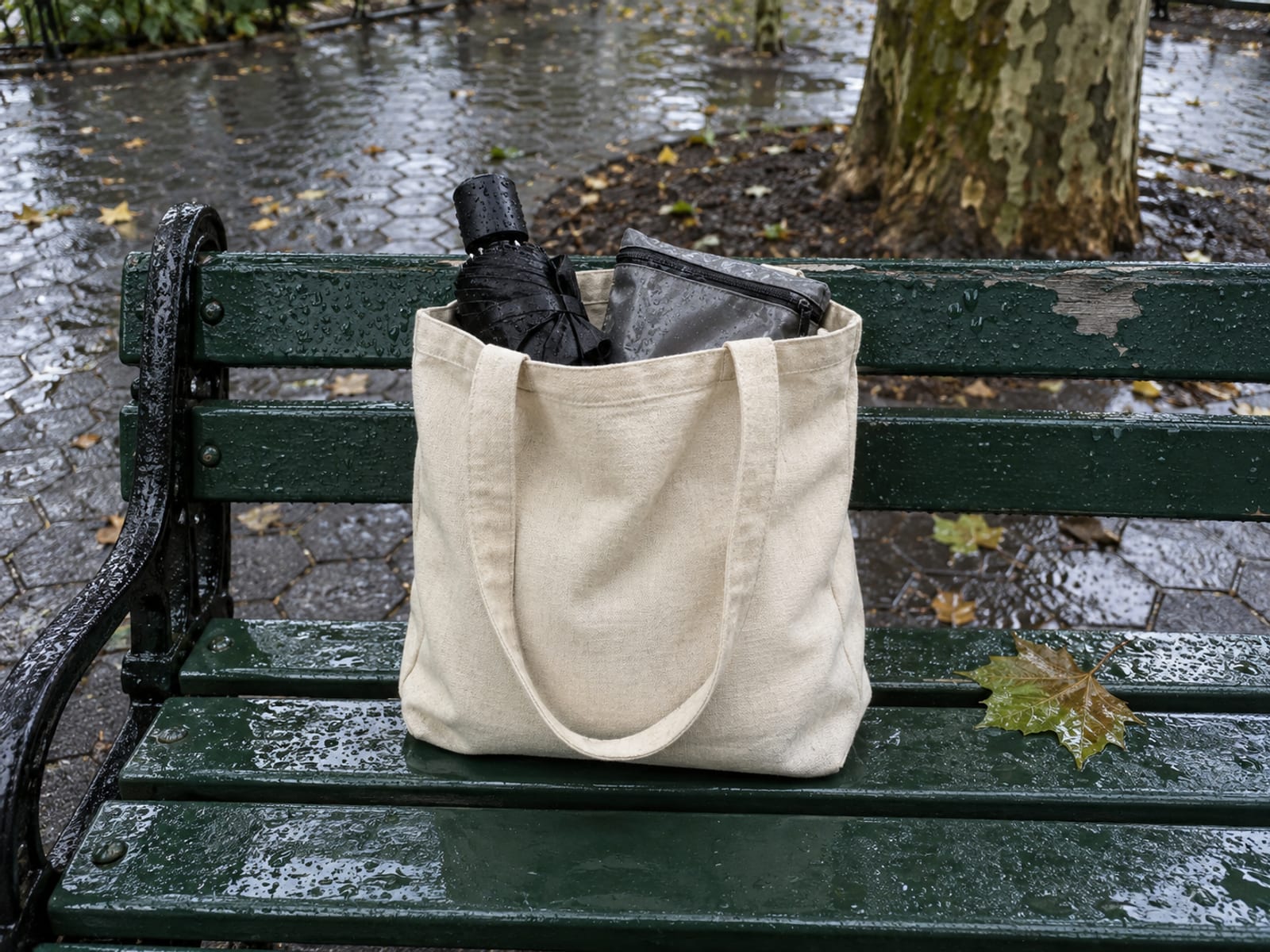 A canvas tote on a wet green slatted park bench under a plane tree, a folded compact umbrella and a zipped grey waterproof pouch at the top of the bag