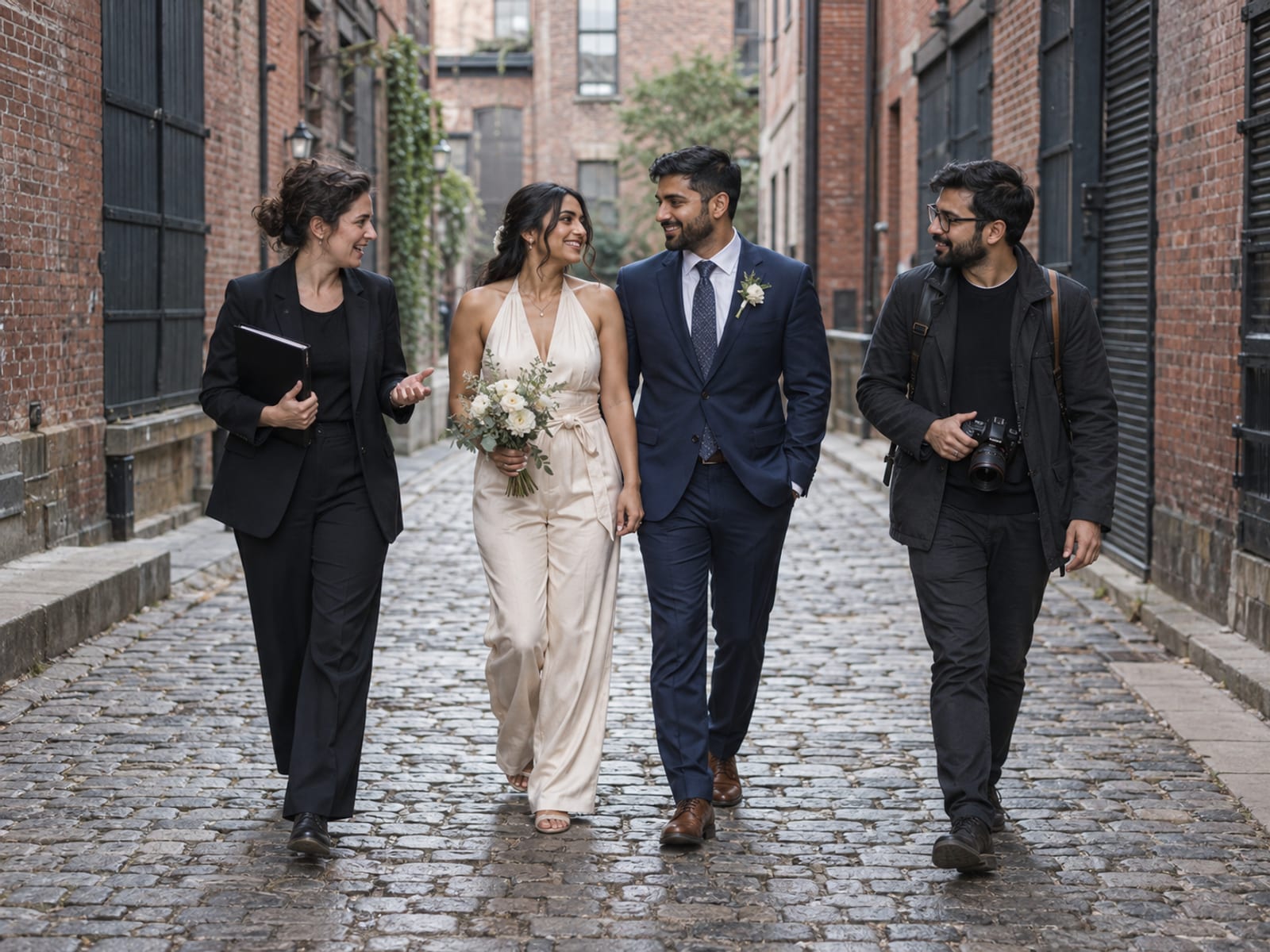 A woman and a man in their twenties, both with warm tan skin, in a champagne jumpsuit and a navy suit walking a cobbled lane between old brick buildings with an officiant and a photographer beside them