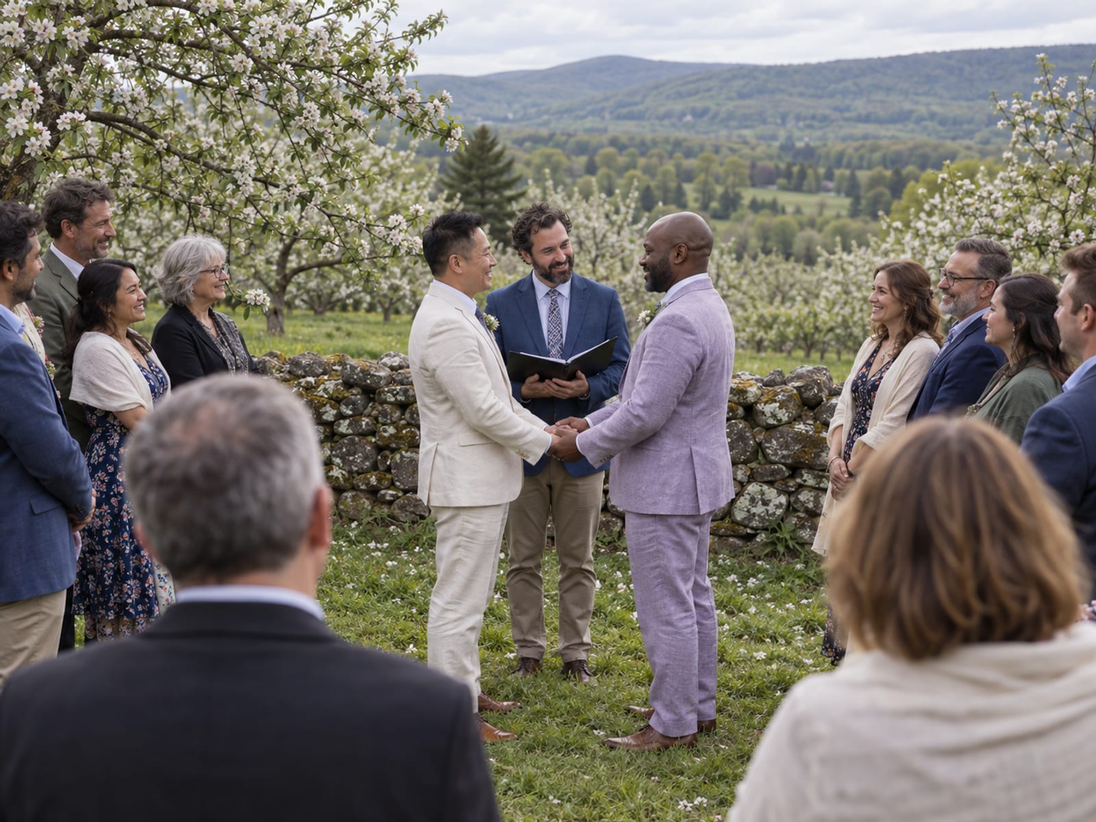 A friend officiating for two men in their forties, one with light skin and one with deep brown skin, in cream and lavender suits beside a low fieldstone wall in an apple orchard in blossom, about a dozen guests on the grass