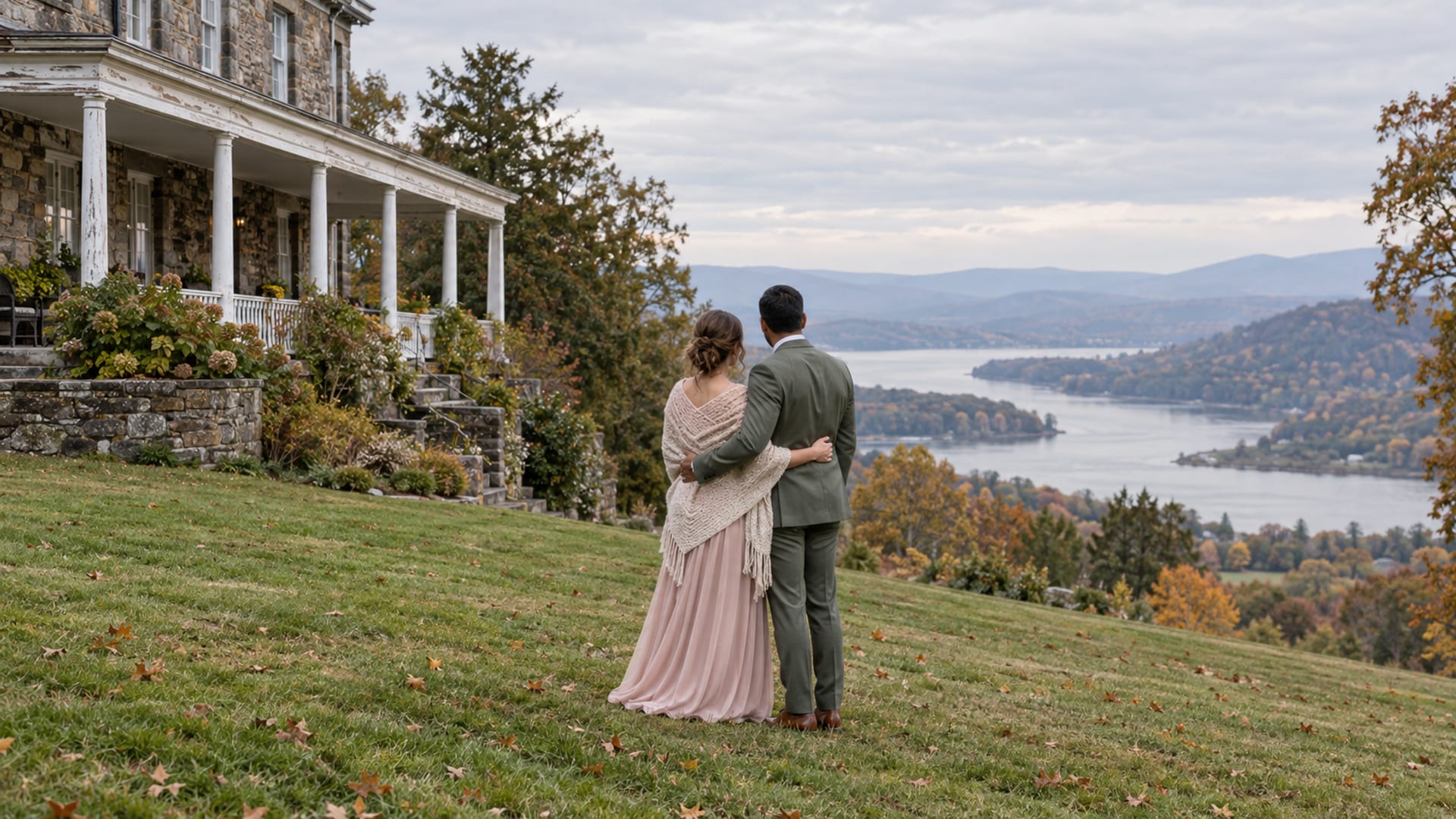 A woman and a man in their thirties, she with pale skin and he with golden brown skin, in a blush dress and a sage green suit on the lawn of a nineteenth century stone manor house, a river valley in early autumn colour below